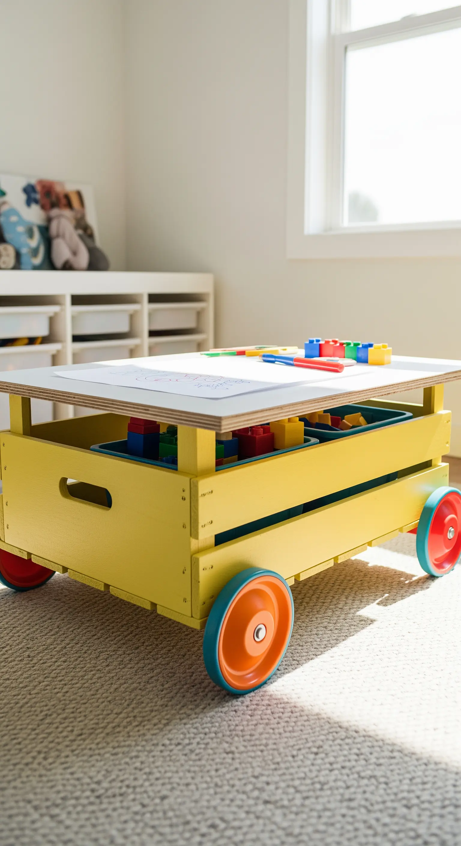 Tavolino da gioco giallo con ruote colorate, con un piano bianco e contenitori per costruzioni.