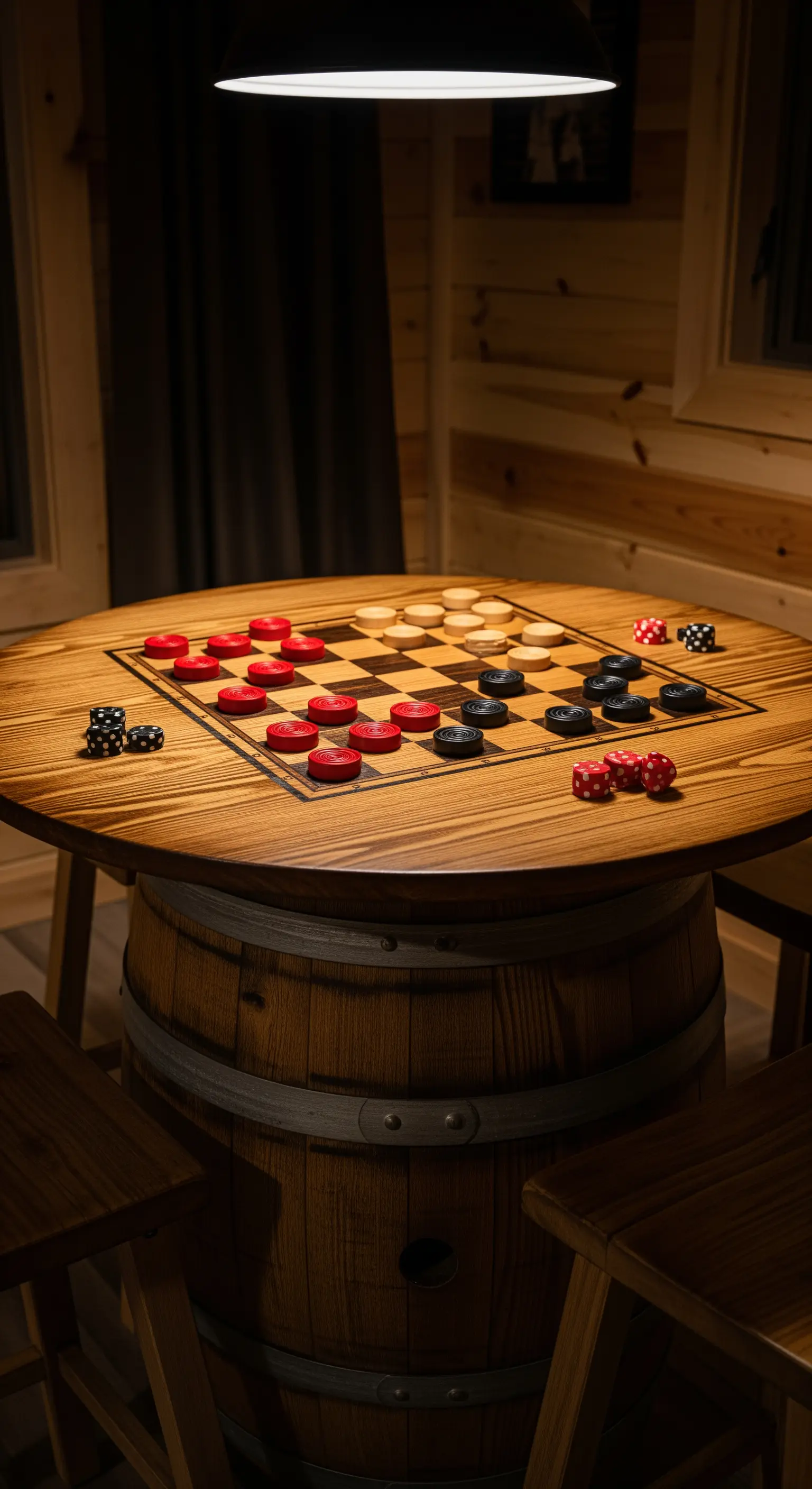 Tavolo da gioco con scacchiera per dama integrata, ricavato da una botte di vino.