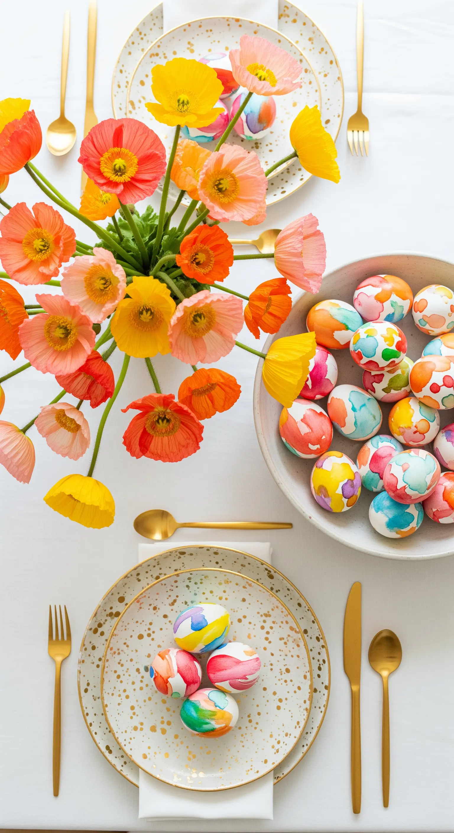 Tavola di Pasqua con uova dipinte ad acquerello e un bouquet di papaveri colorati.