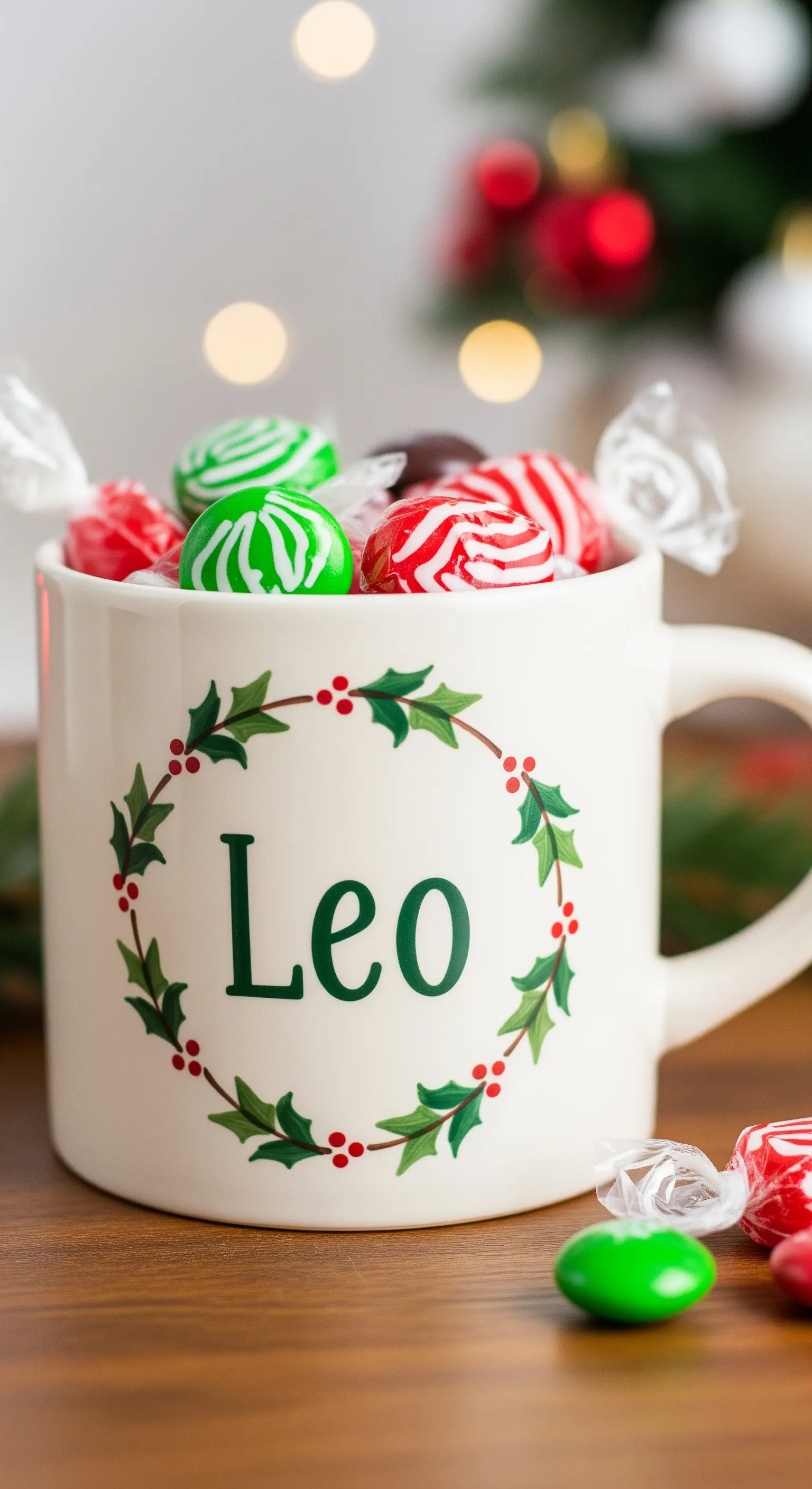 Tazza bianca personalizzata con il nome 'Leo' e una ghirlanda natalizia, piena di caramelle.