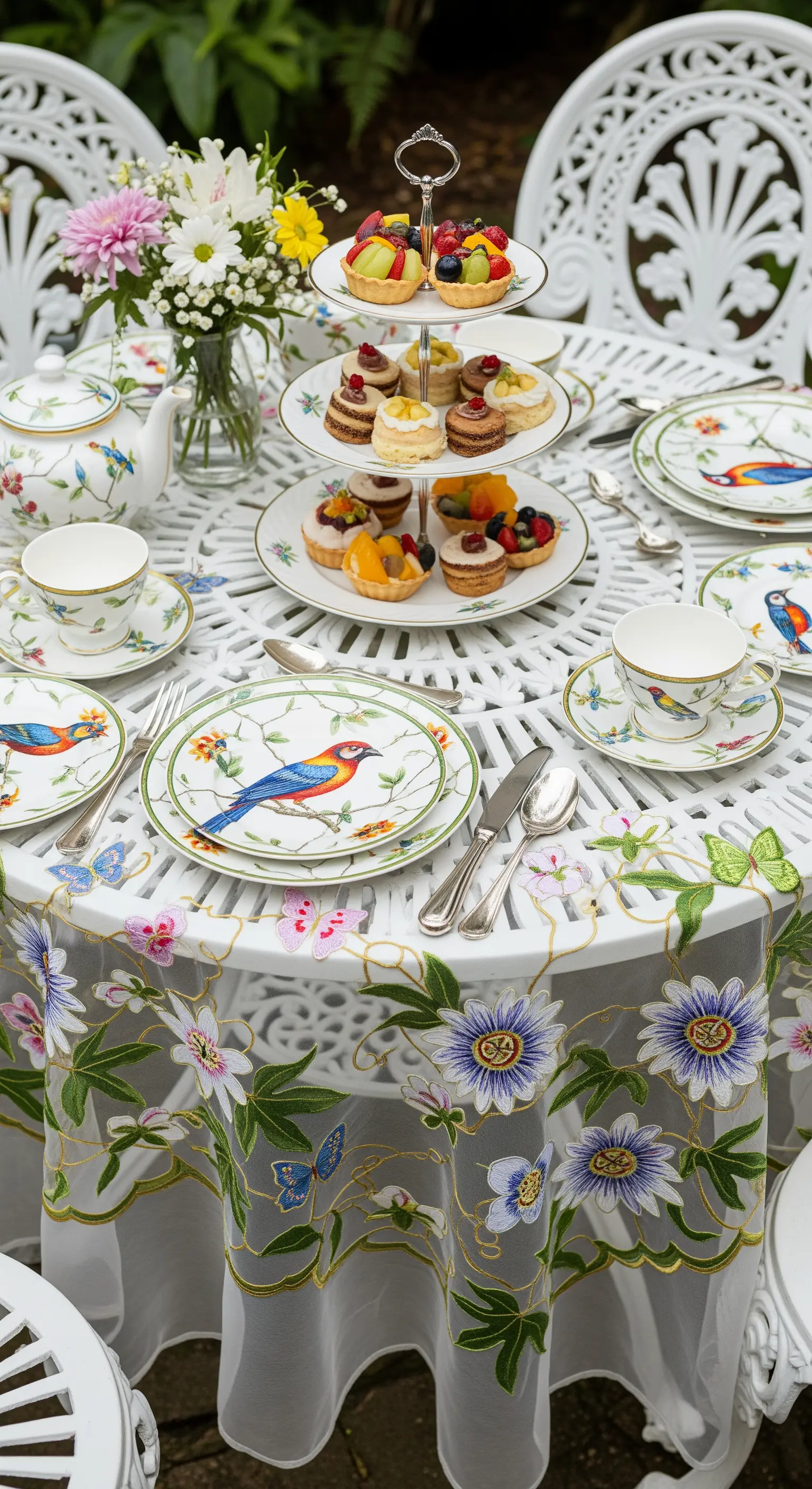 Tavolo da tè in giardino con tovaglia in organza ricamata e porcellane decorate.
