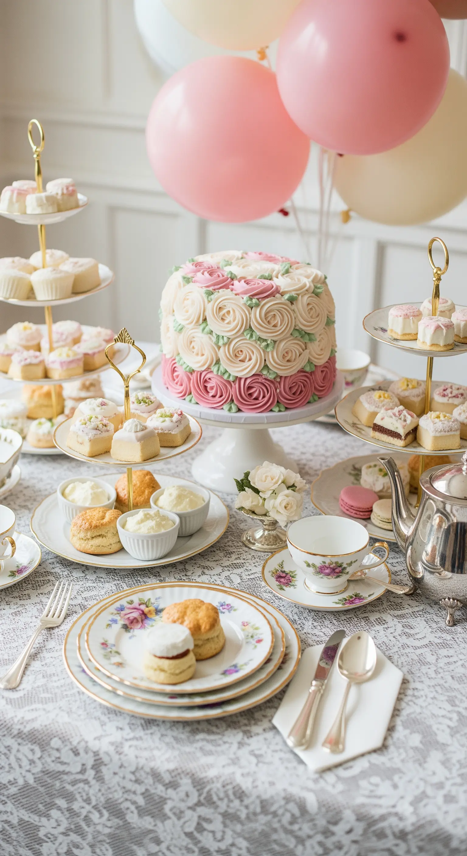 Elegante tea party con torta a rose, alzate per dolci, porcellane floreali e palloncini rosa.