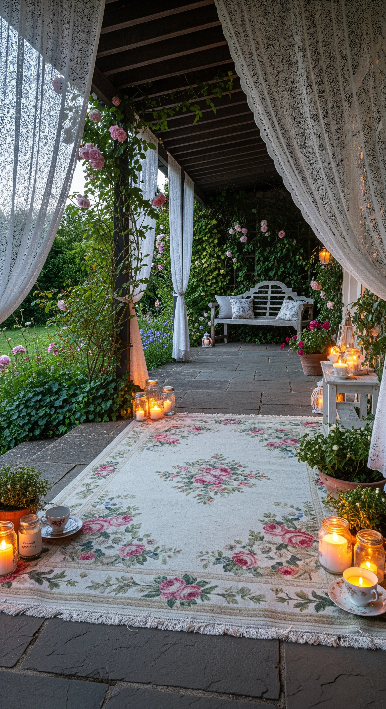 Patio immerso in un giardino di rose, con tende in pizzo e un tappeto floreale chiaro.