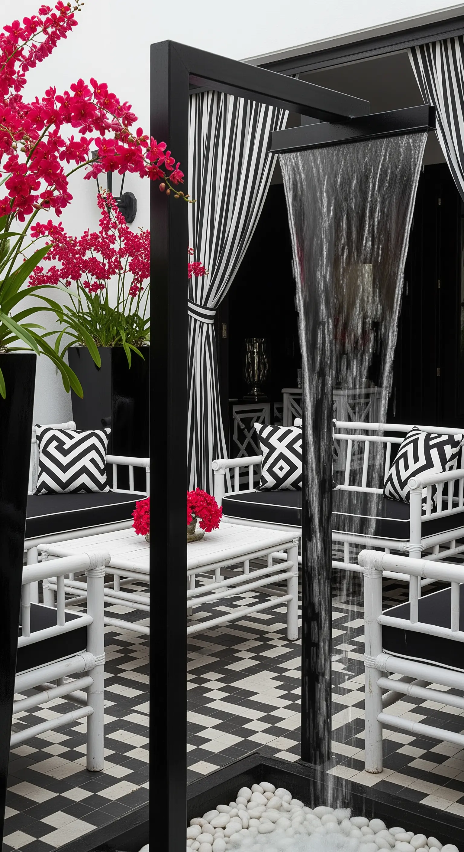 Gazebo bianco e nero con una cascata a velo, arredi coordinati e tende a righe.