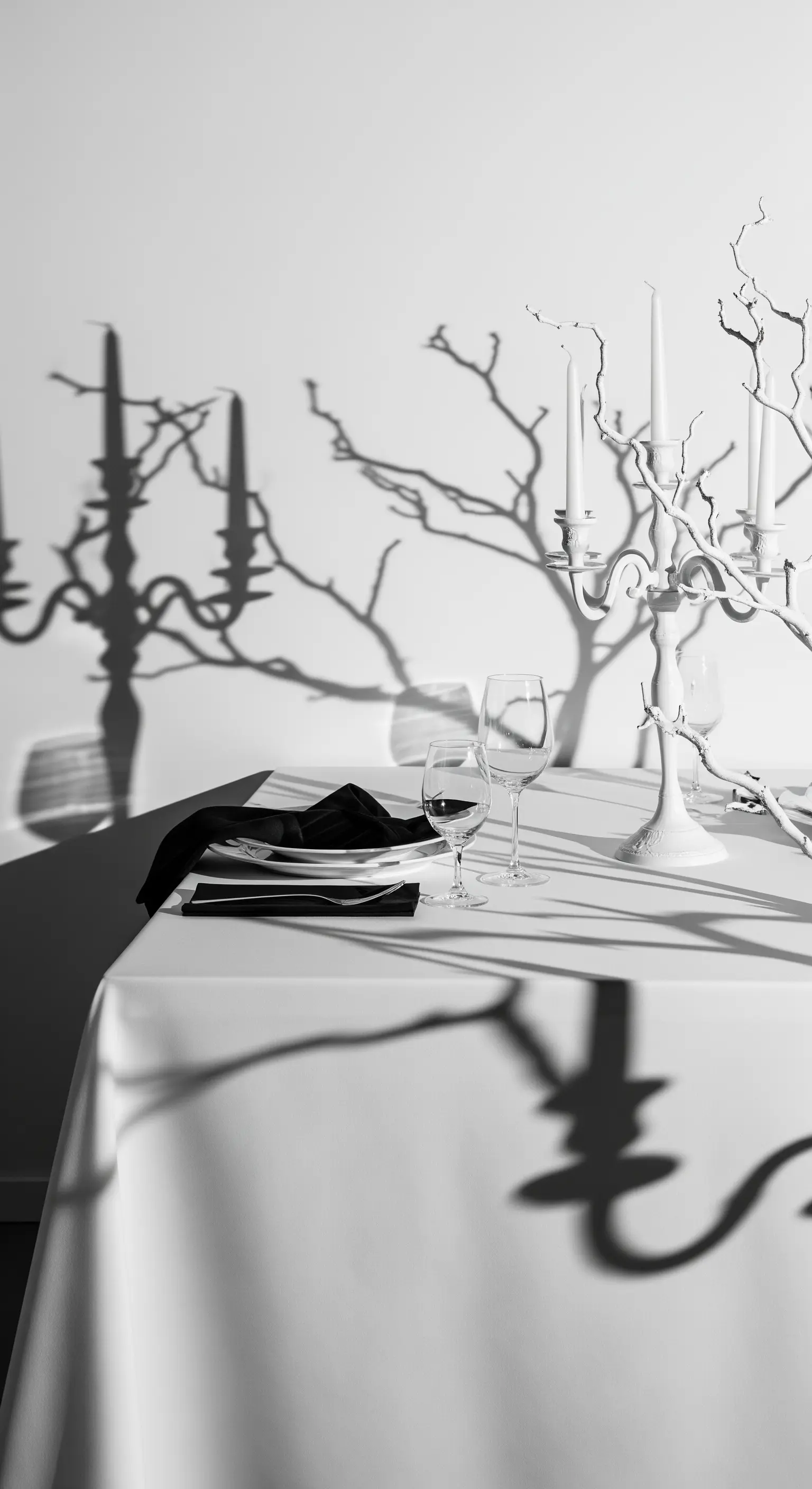 Candelabro bianco proietta un'ombra drammatica e contorta su una parete bianca dietro la tavola.