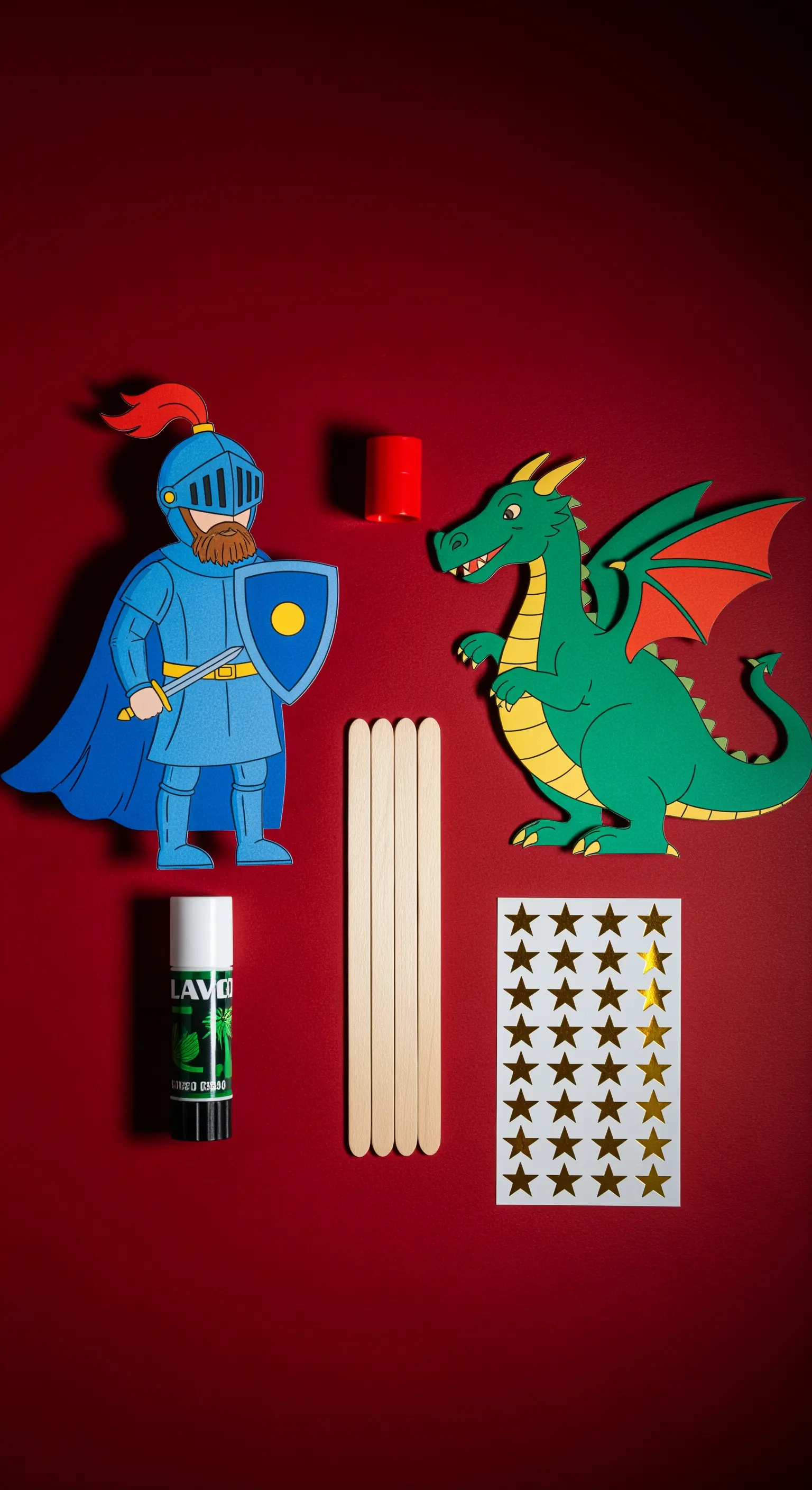 Kit per creare marionette di un cavaliere e un drago con bastoncini e colla.
