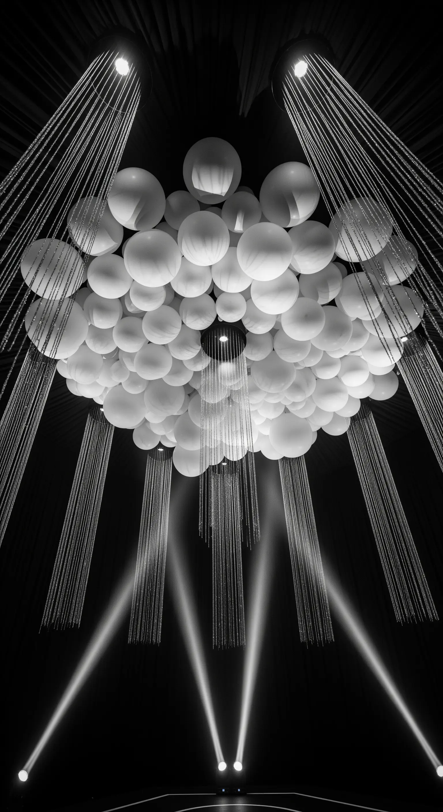Una grande installazione di palloncini bianchi illuminata da faretti in un ambiente buio.