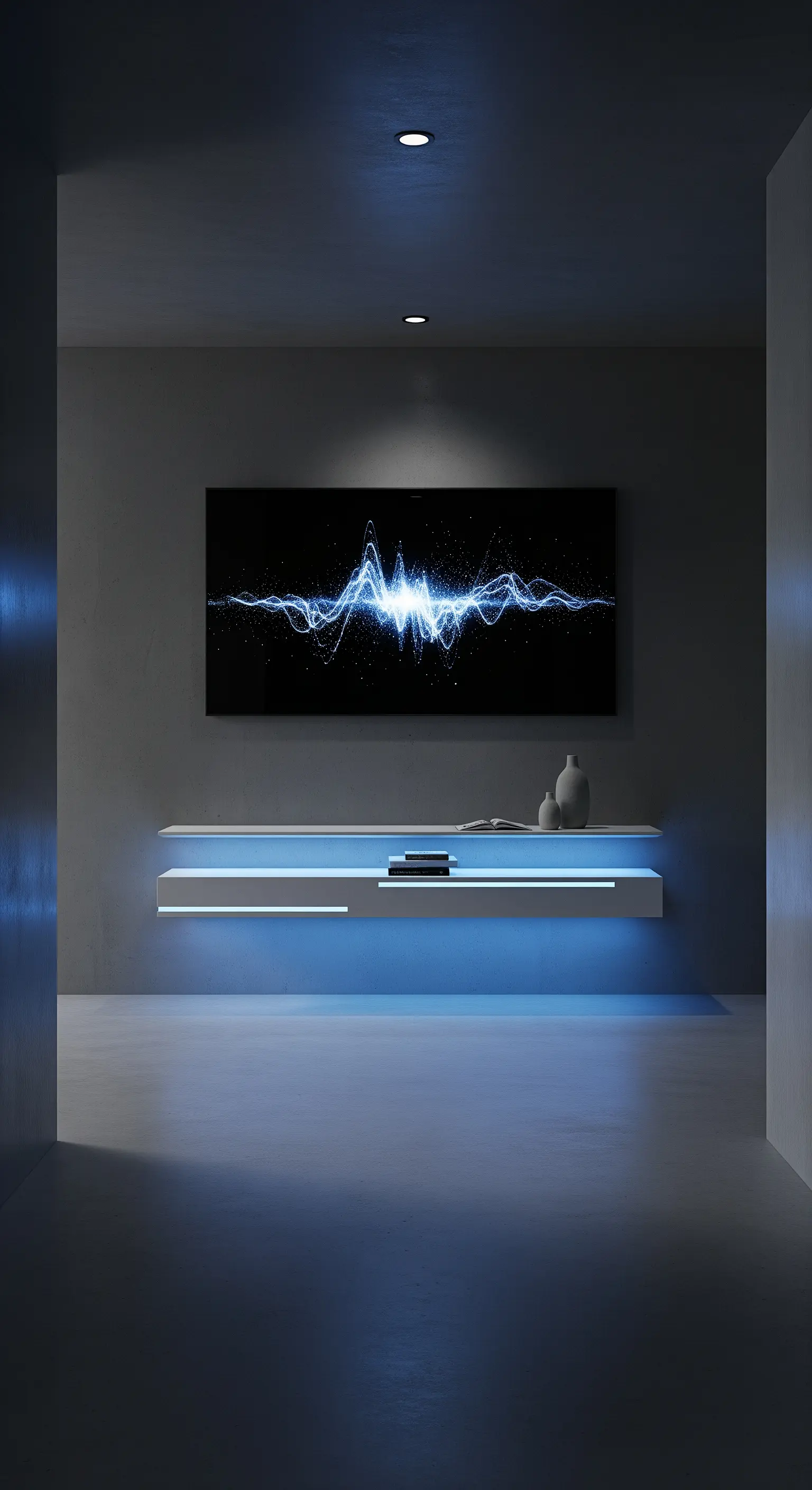 Ingresso buio con parete in cemento, mobile TV sospeso con illuminazione a LED blu.