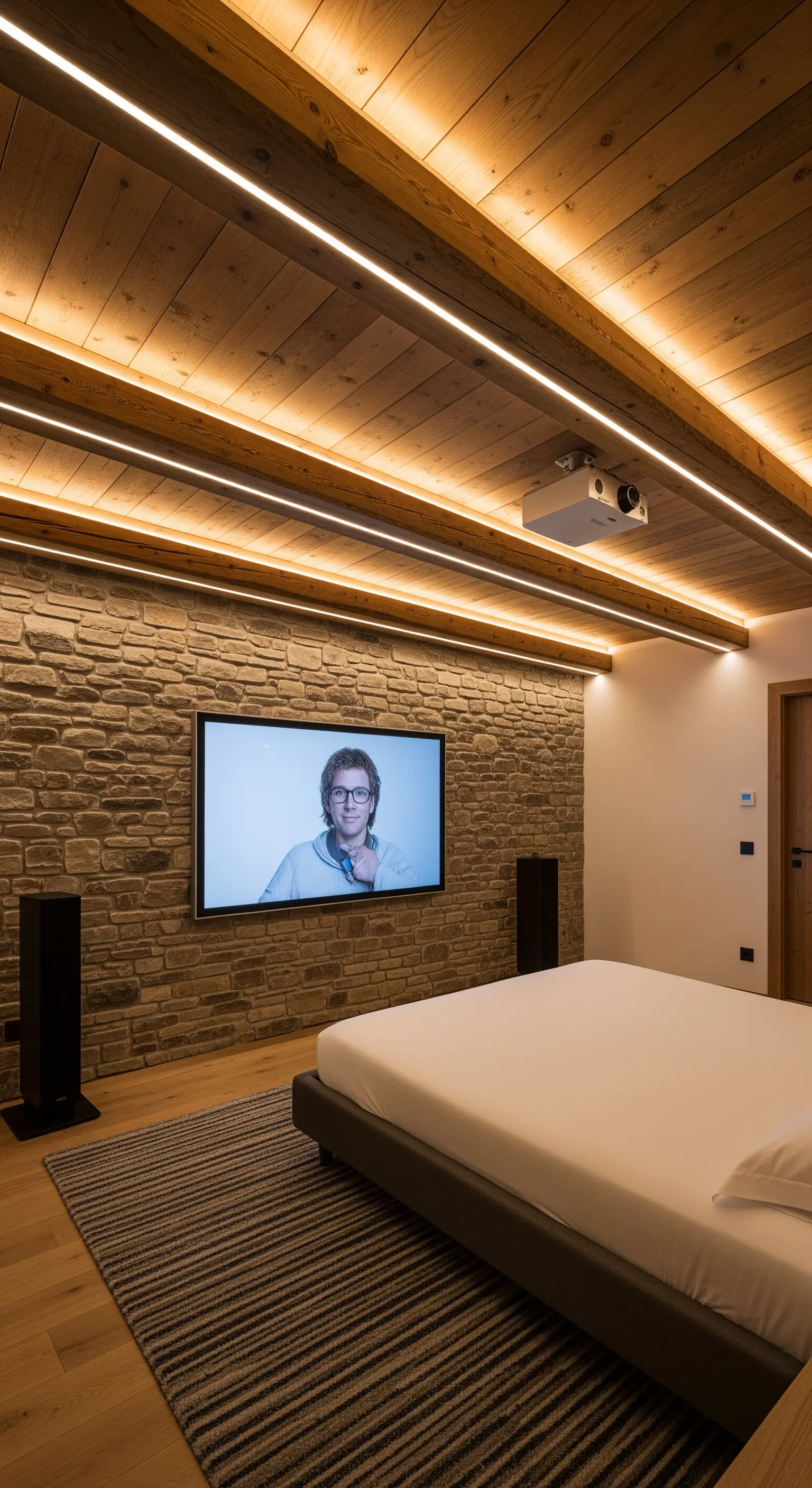 Camera da letto moderna con parete in pietra, soffitto in legno con luci a LED e TV a schermo piatto.