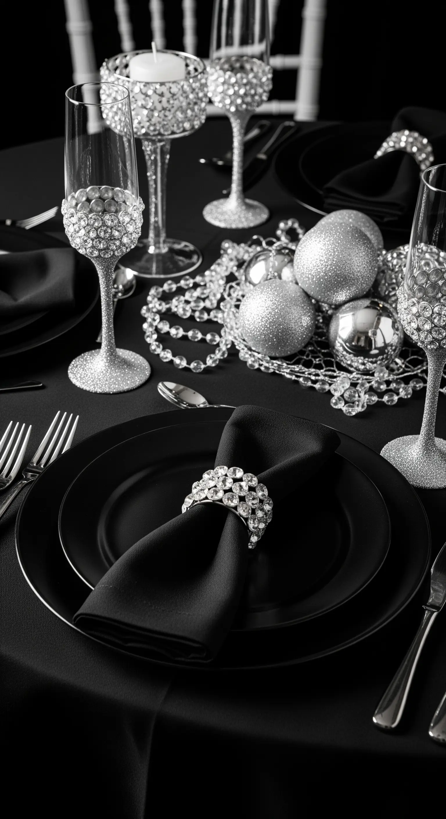 Tavola di Capodanno con calici ricoperti di strass e decorazioni argentate glitterate.