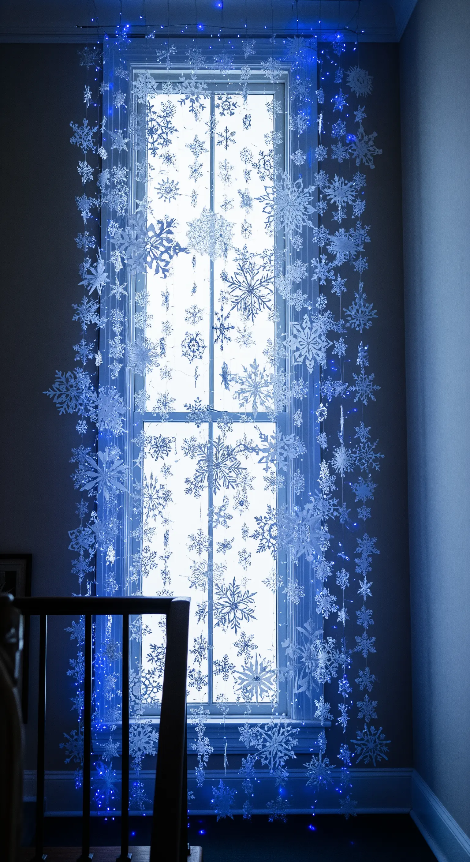 Finestra decorata con fiocchi di neve di carta illuminati da luci a LED blu.