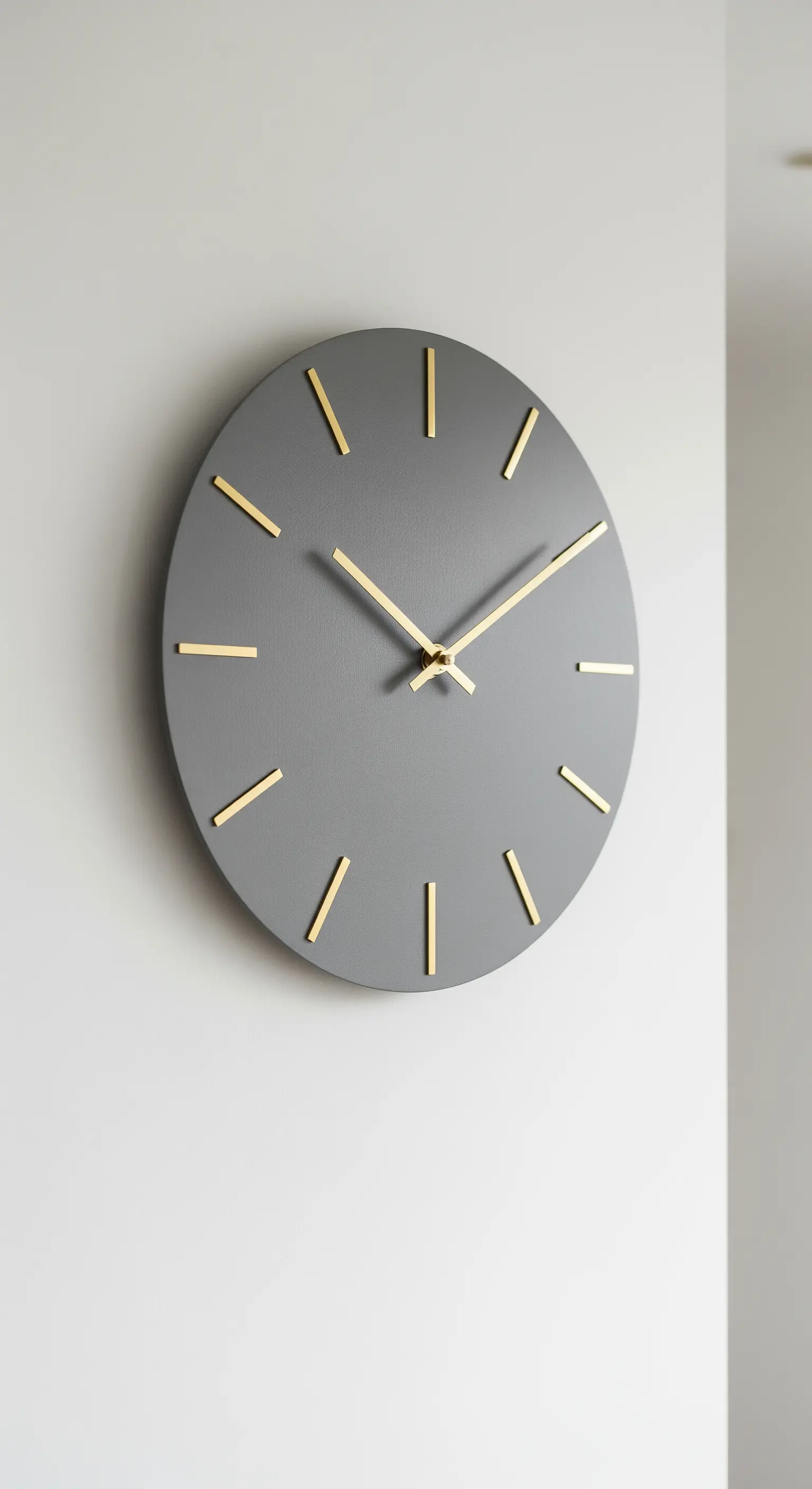 Orologio da parete minimalista con quadrante in pelle grigia e indicatori dorati.