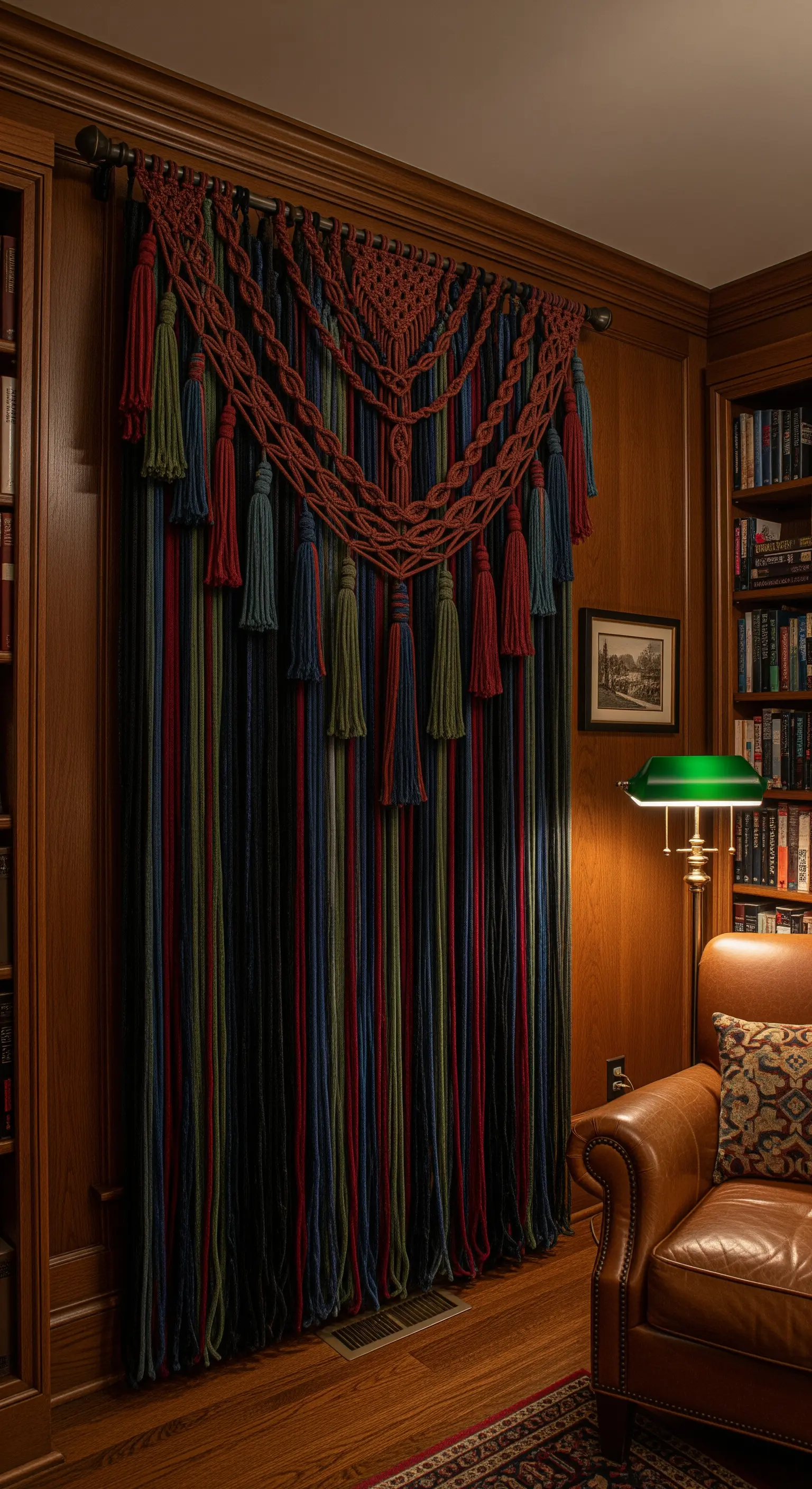 Tenda a fili colorati con una grande mantovana in macramè e nappe in una biblioteca.