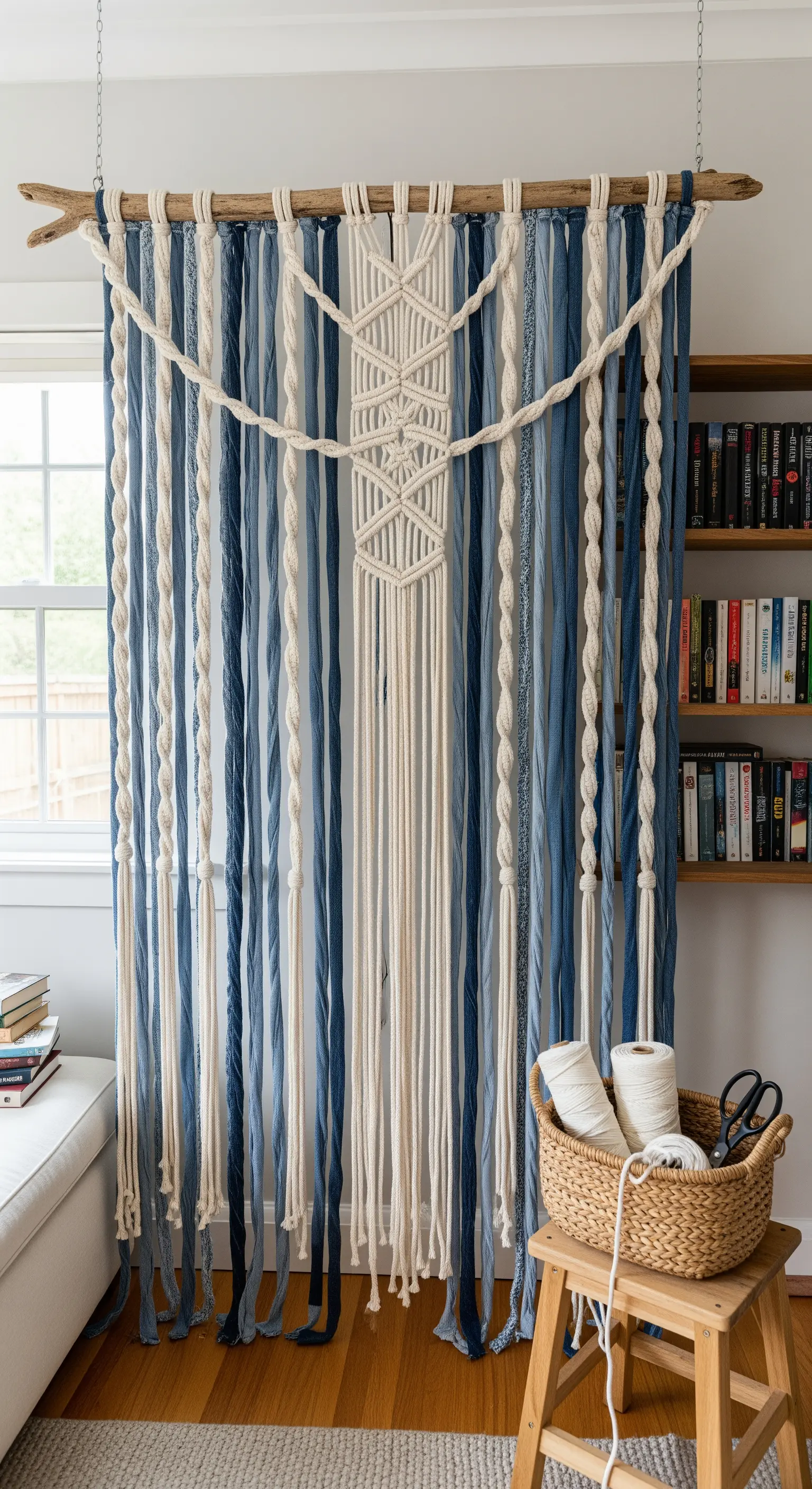 Tenda fai-da-te con strisce di tessuto blu e bianco e corde in macramè su un ramo.