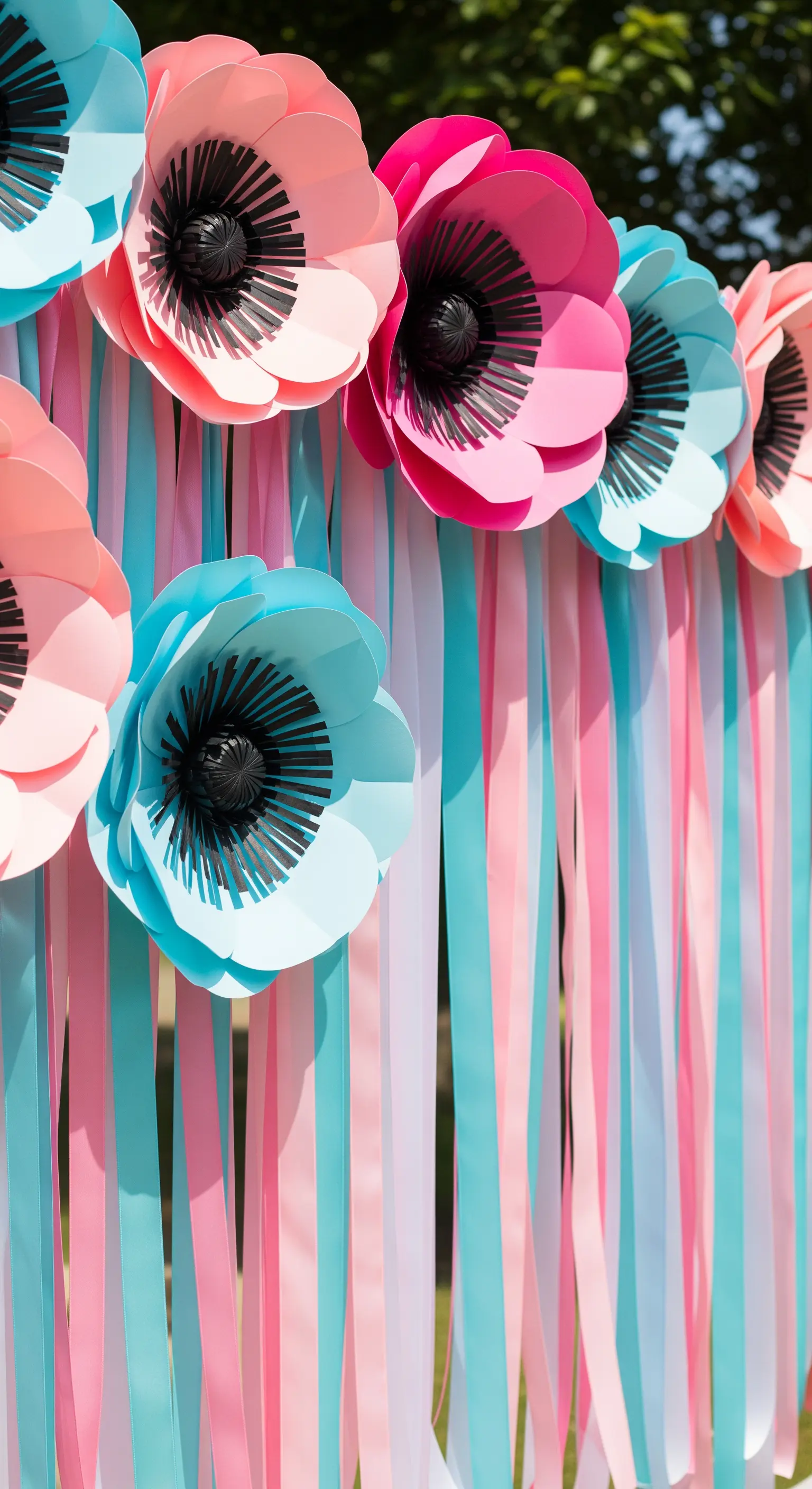 Fiori di carta rosa e azzurri montati su una cascata di nastri di raso coordinati.