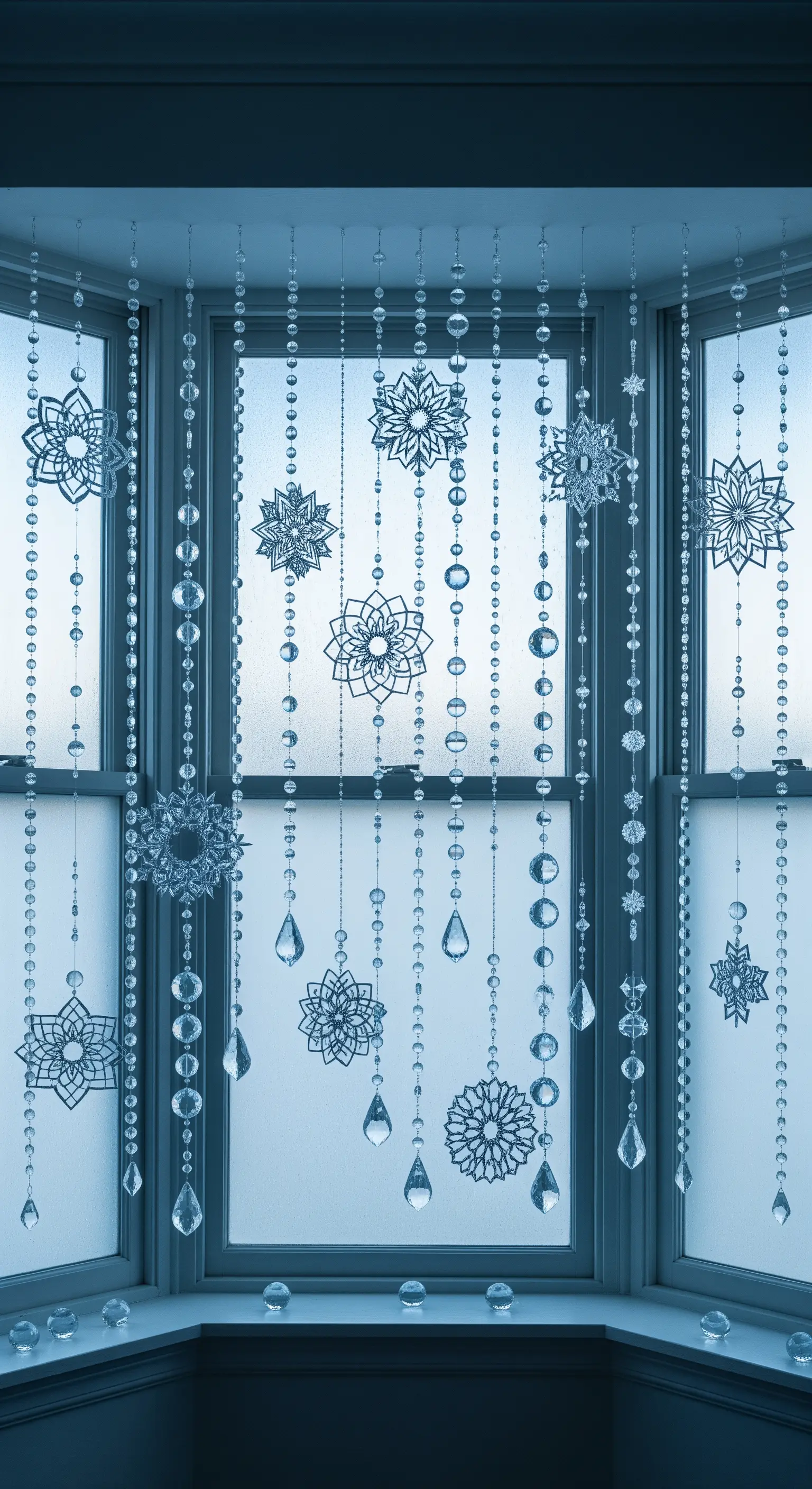 Decorazione per finestra con fili di cristalli e fiocchi di neve color argento.