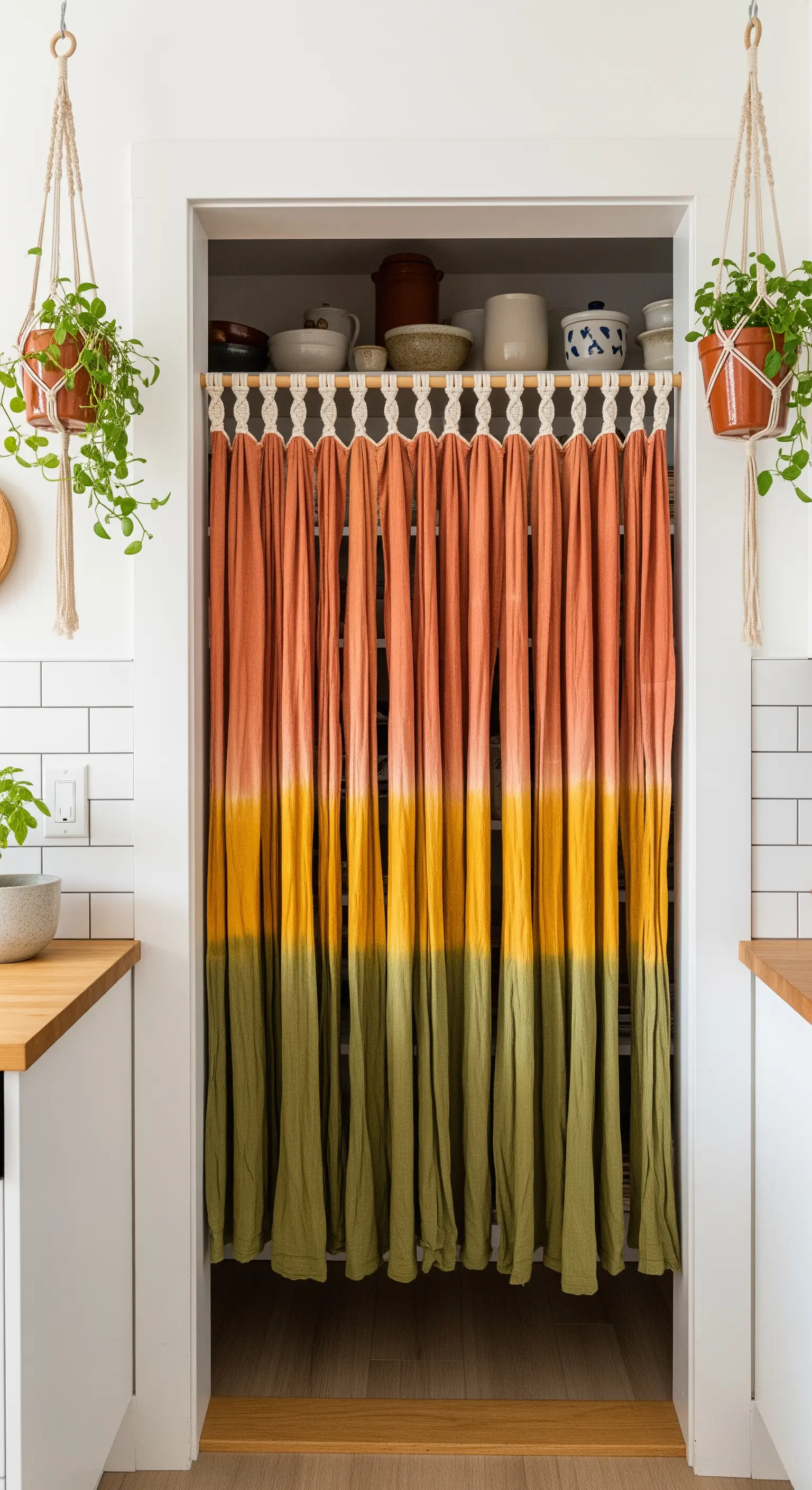 Tenda per dispensa con effetto sfumato arancione, giallo e verde e bordo in macramè.