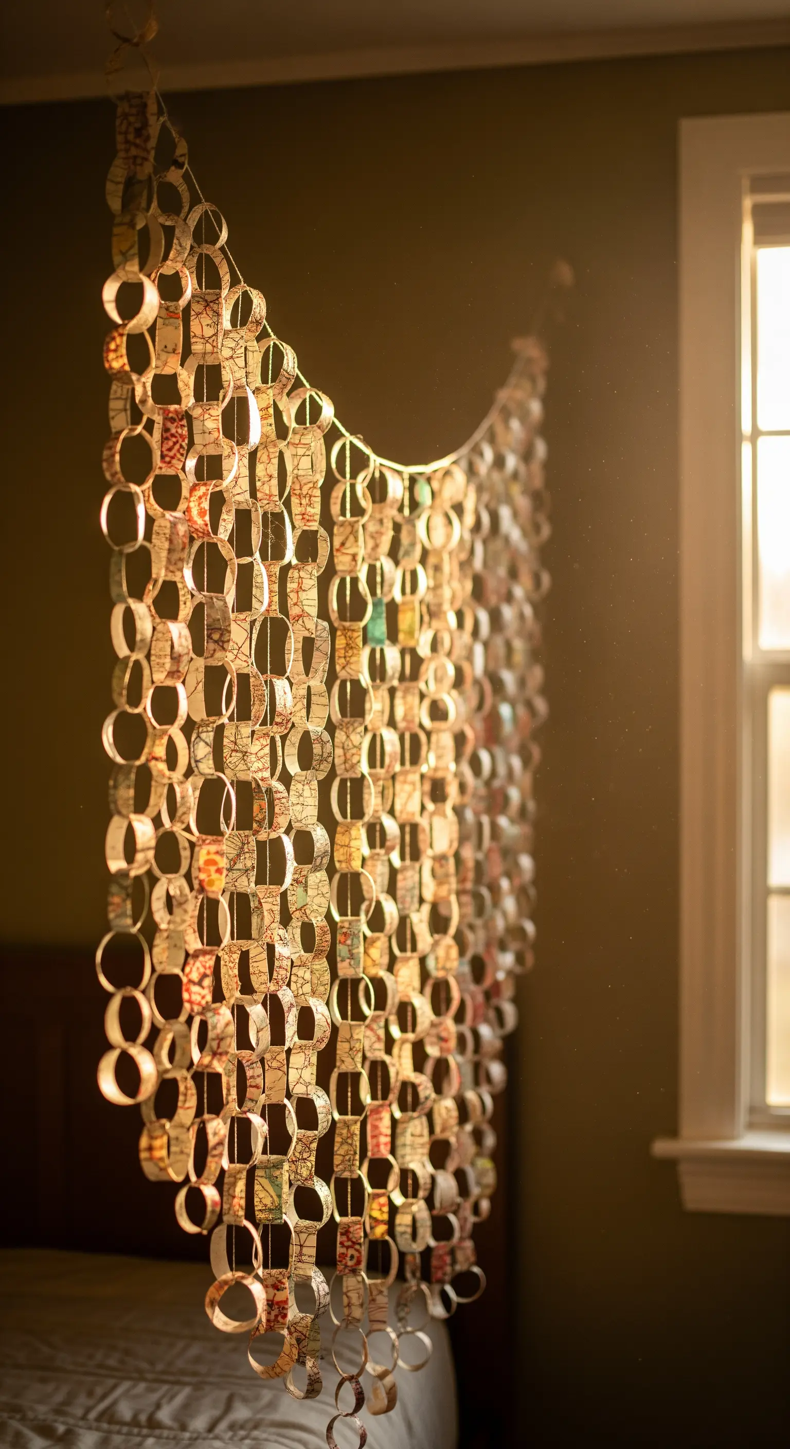 Tenda decorativa realizzata con lunghe catenelle di anelli di carta ricavati da vecchie mappe.