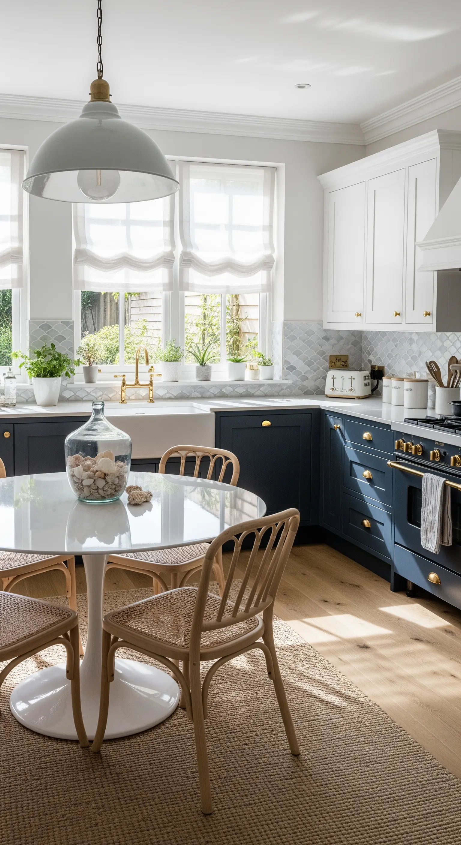 Cucina con mobili blu navy, tavolo rotondo bianco e tende a pacchetto bianche.