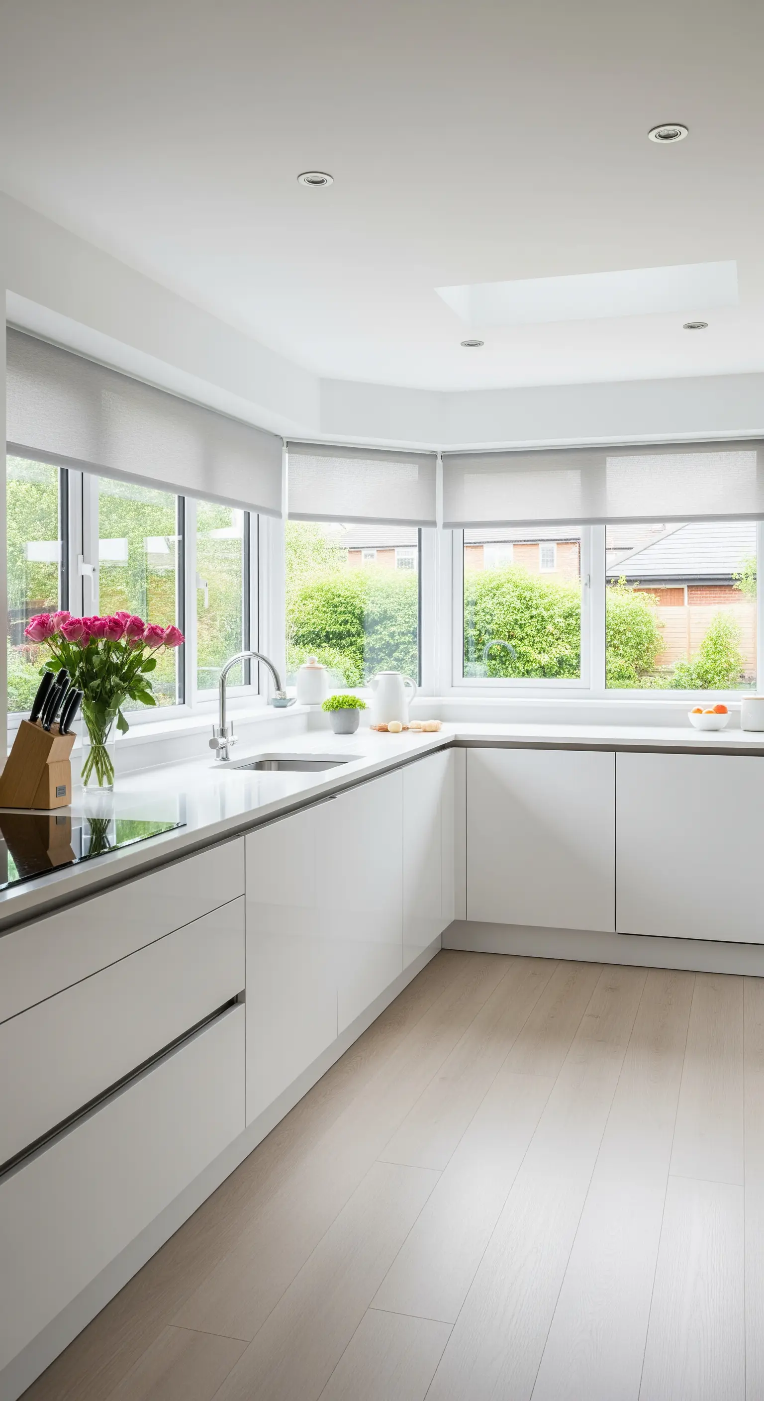 Cucina bianca moderna con finestre ad angolo e tende a rullo grigio chiaro.