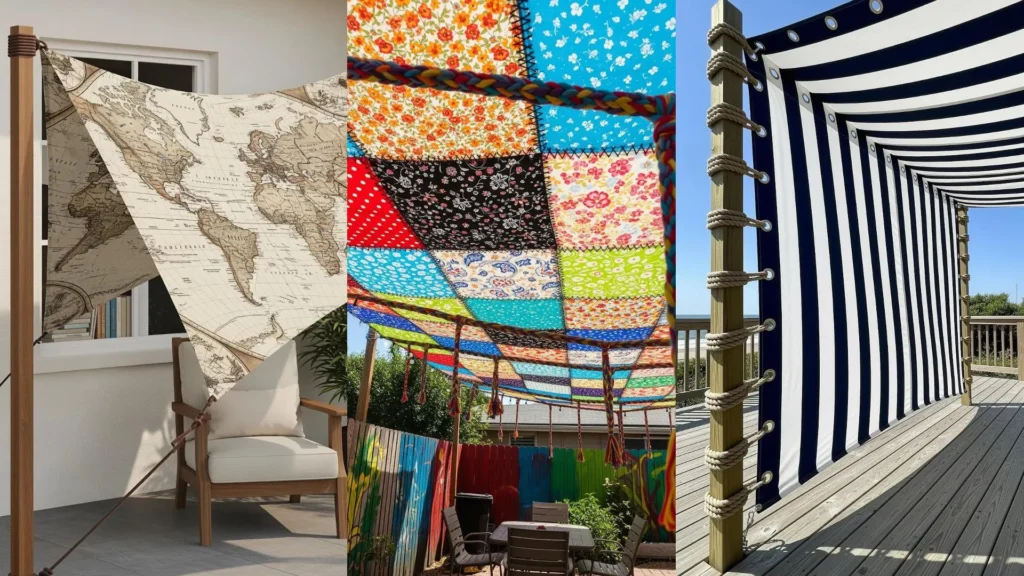 Tende da sole fai da te: tessuti stampati a mappa, patchwork colorati e righe, fissati con corde intrecciate per idee creative.