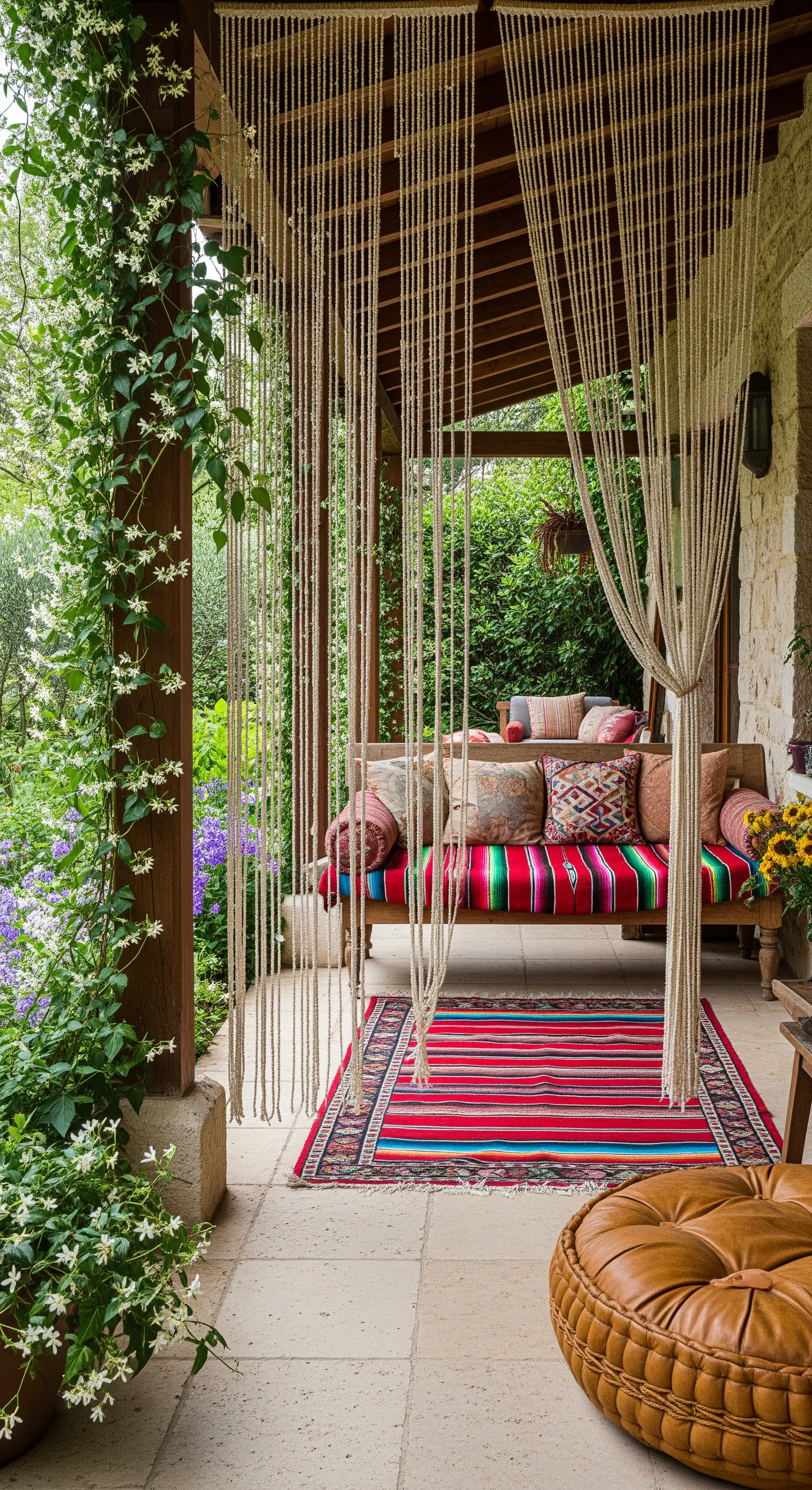 Veranda con divano colorato, tende in macramè, tappeto a righe e pouf in pelle.