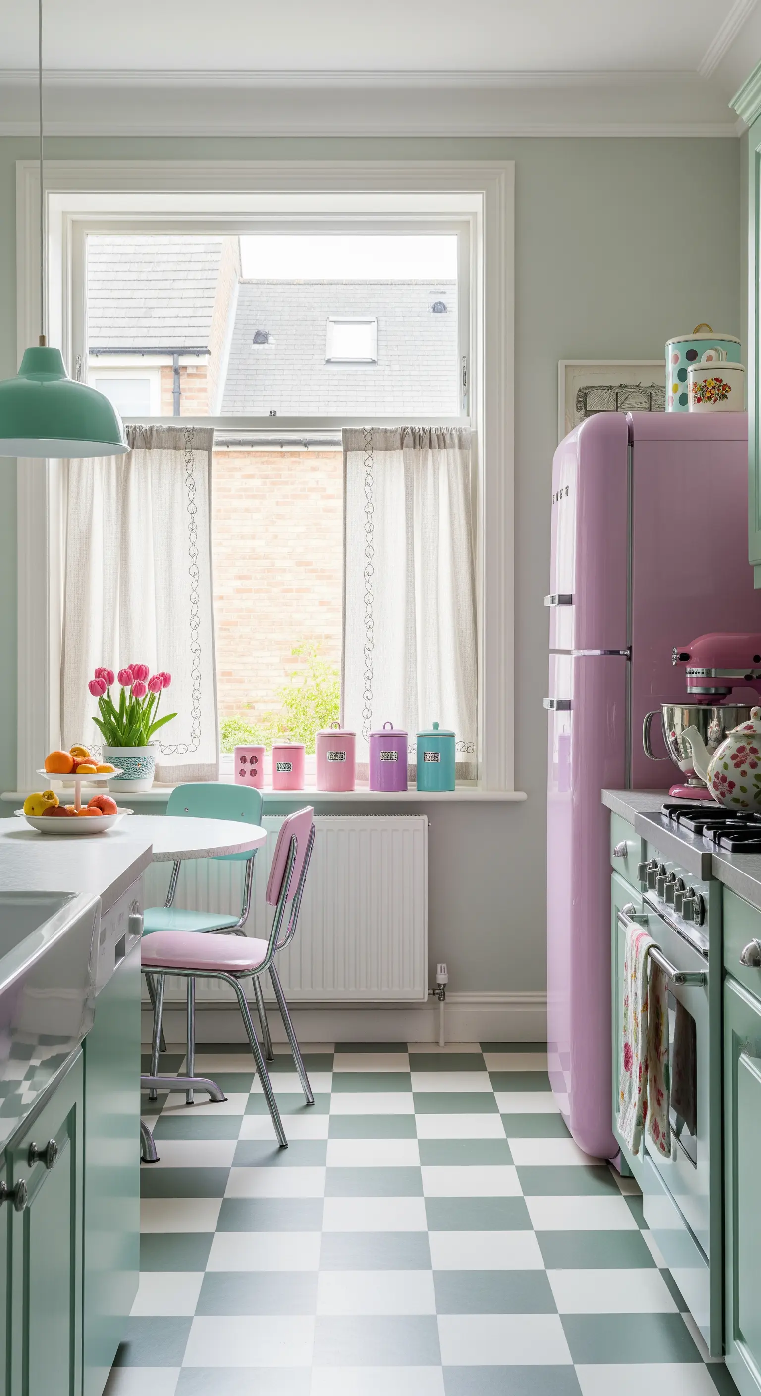 Cucina retrò con mobili verde menta, frigo rosa e pavimento a scacchi.