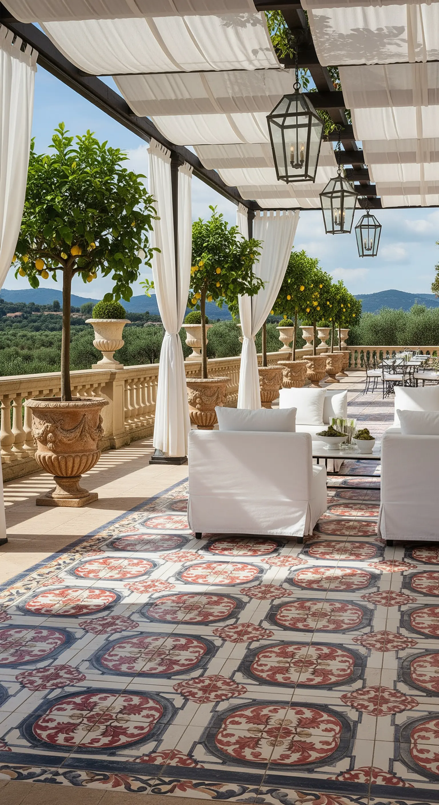 Patio coperto con tende bianche, divani candidi e un pavimento a maioliche rosse e blu.