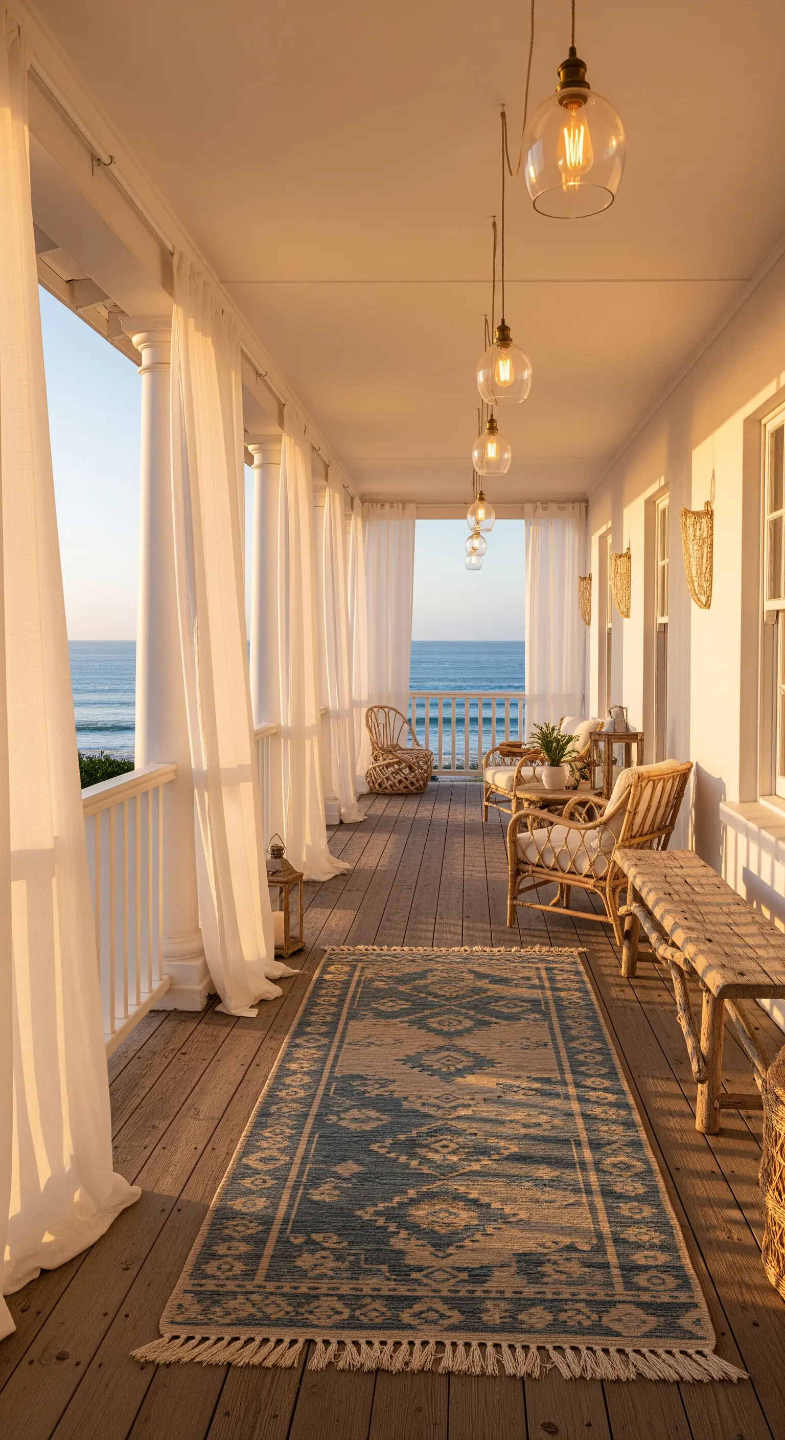 Portico vista mare con tende bianche, arredi in rattan e un lungo tappeto kilim.