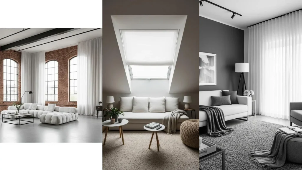 Tre salotti moderni con divani bianchi, tende leggere che filtrano la luce naturale per un'atmosfera di relax.