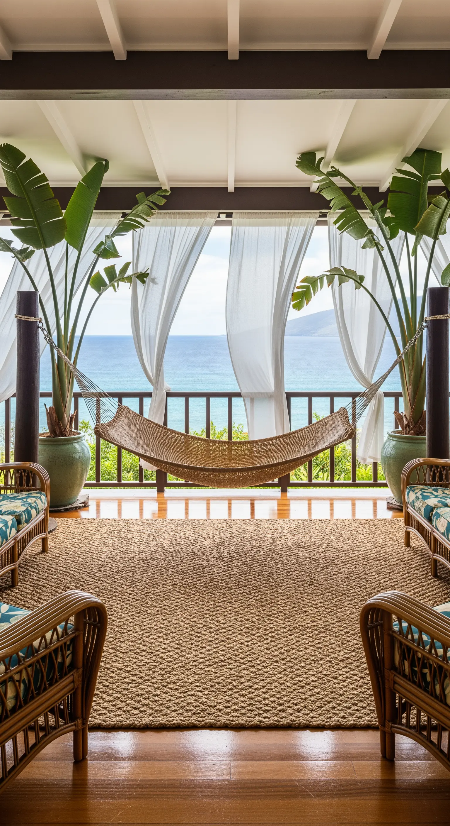 Veranda con vista mare, tende bianche, grandi piante e amaca in fibra naturale.