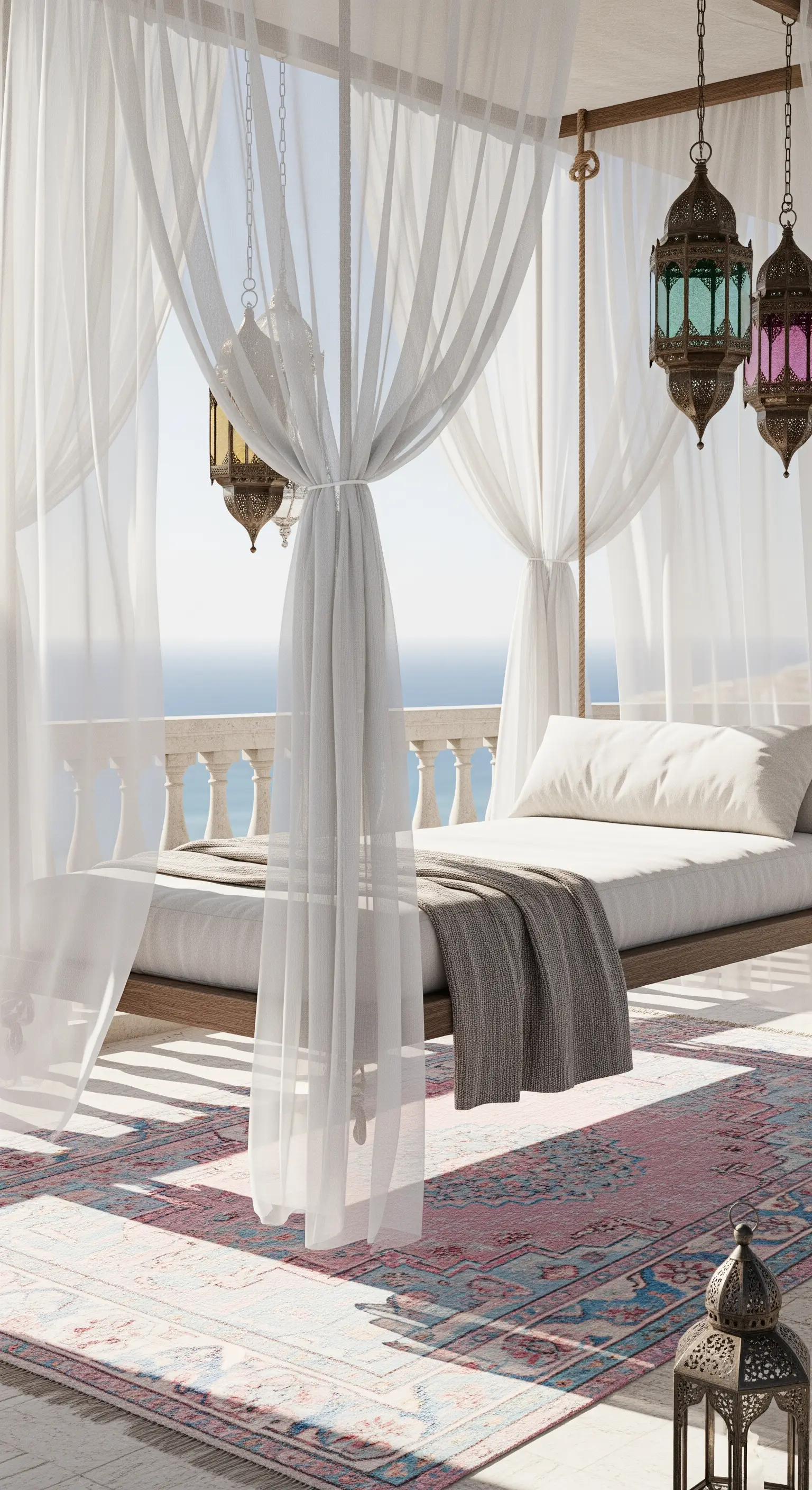 Balcone con letto sospeso, tende bianche vaporose, tappeto kilim rosa e lanterne marocchine.