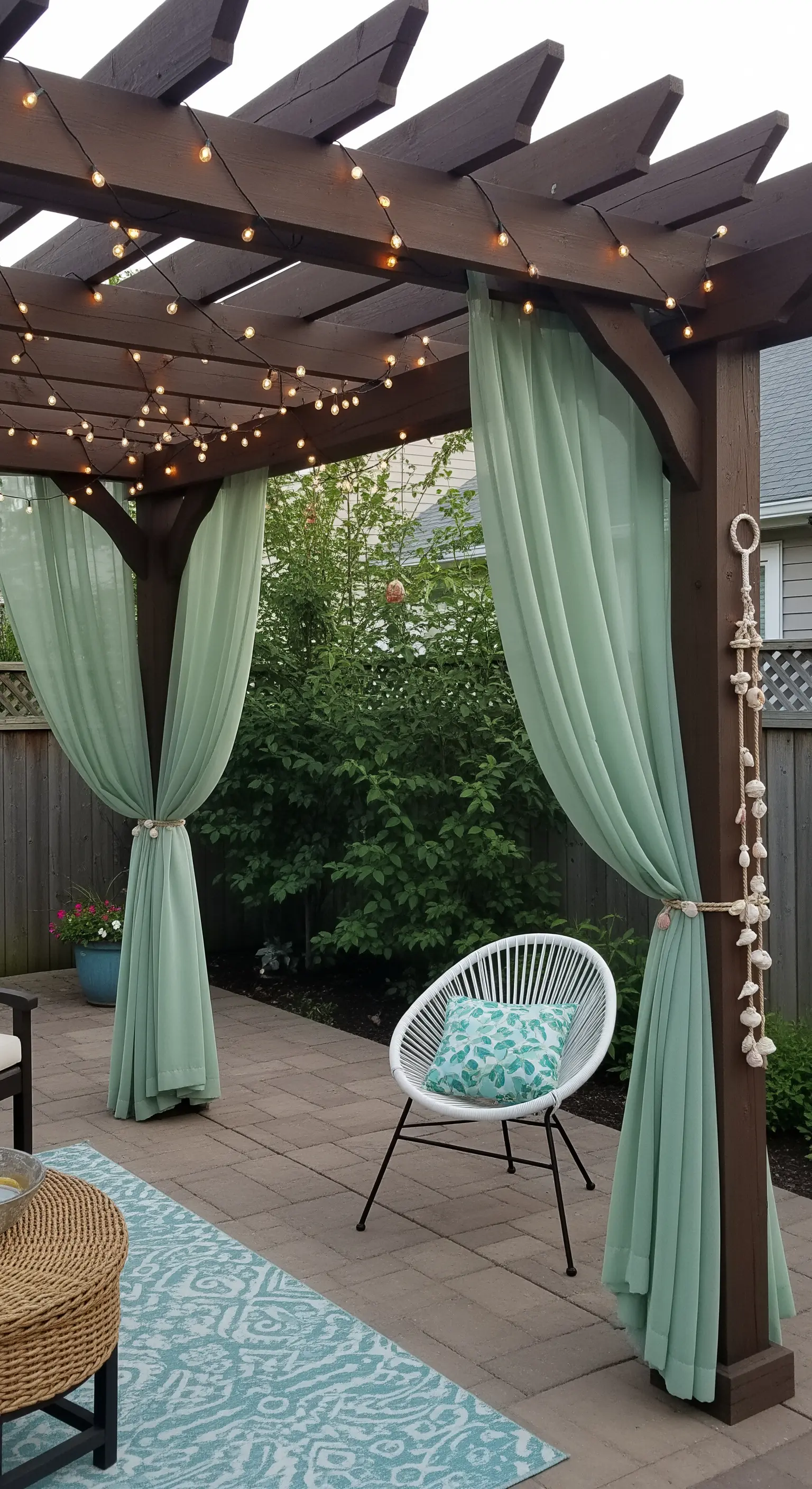 Pergolato scuro con tende color verde menta raccolte ai lati.
