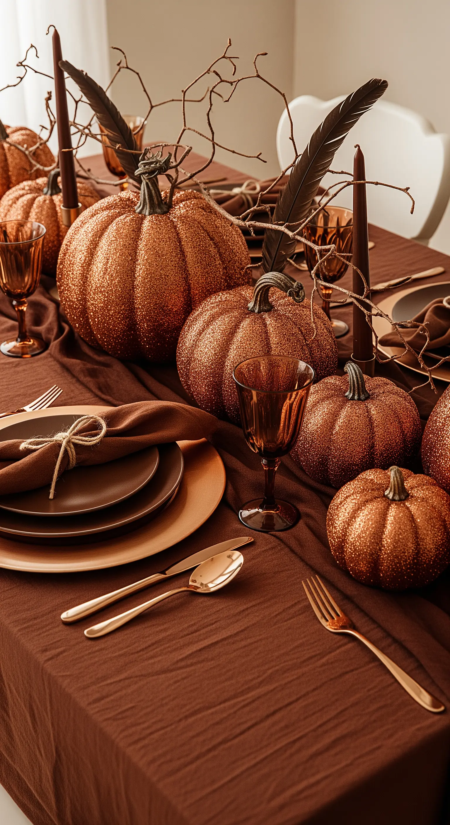 Tavola marrone e rame con zucche glitter e rami secchi.