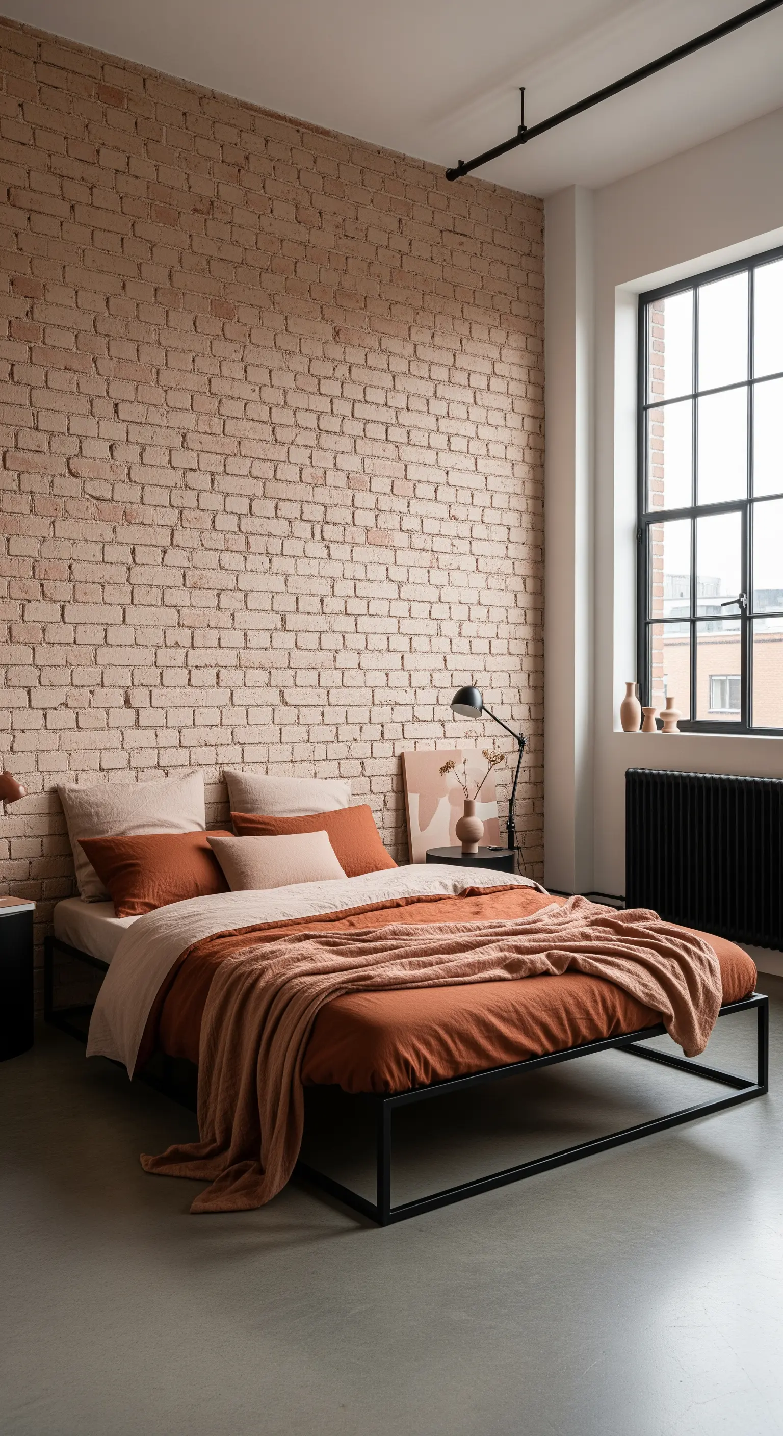 Camera da letto con parete in mattoni color terracotta e biancheria nei toni della terra.