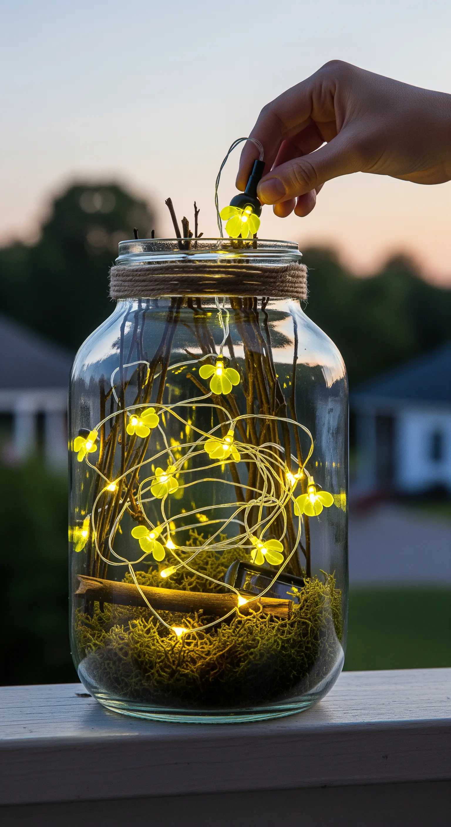 Grande barattolo di vetro con muschio, rami e un filo di luci solari a forma di fiore.