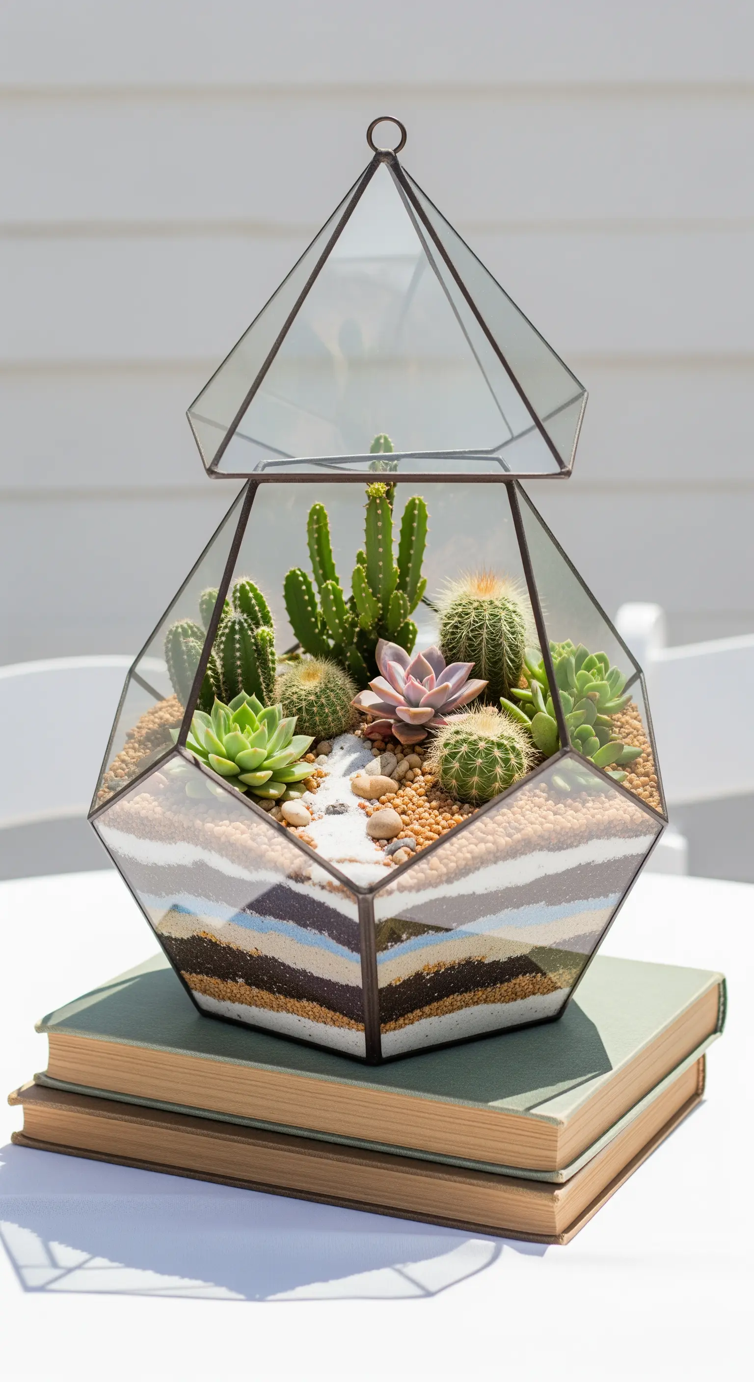 Terrarium geometrico in vetro con strati di sabbia colorata, cactus e piante grasse.