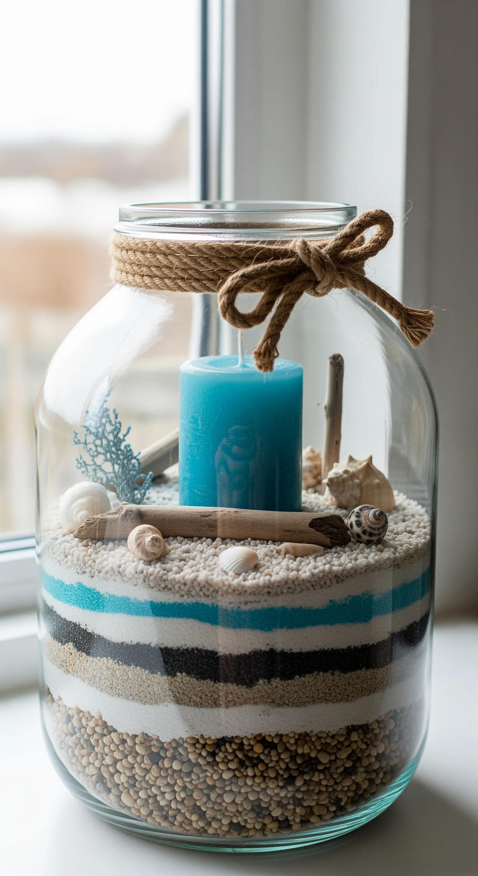 Grande barattolo di vetro con strati di sabbia e sassi, candela blu e corda decorativa.