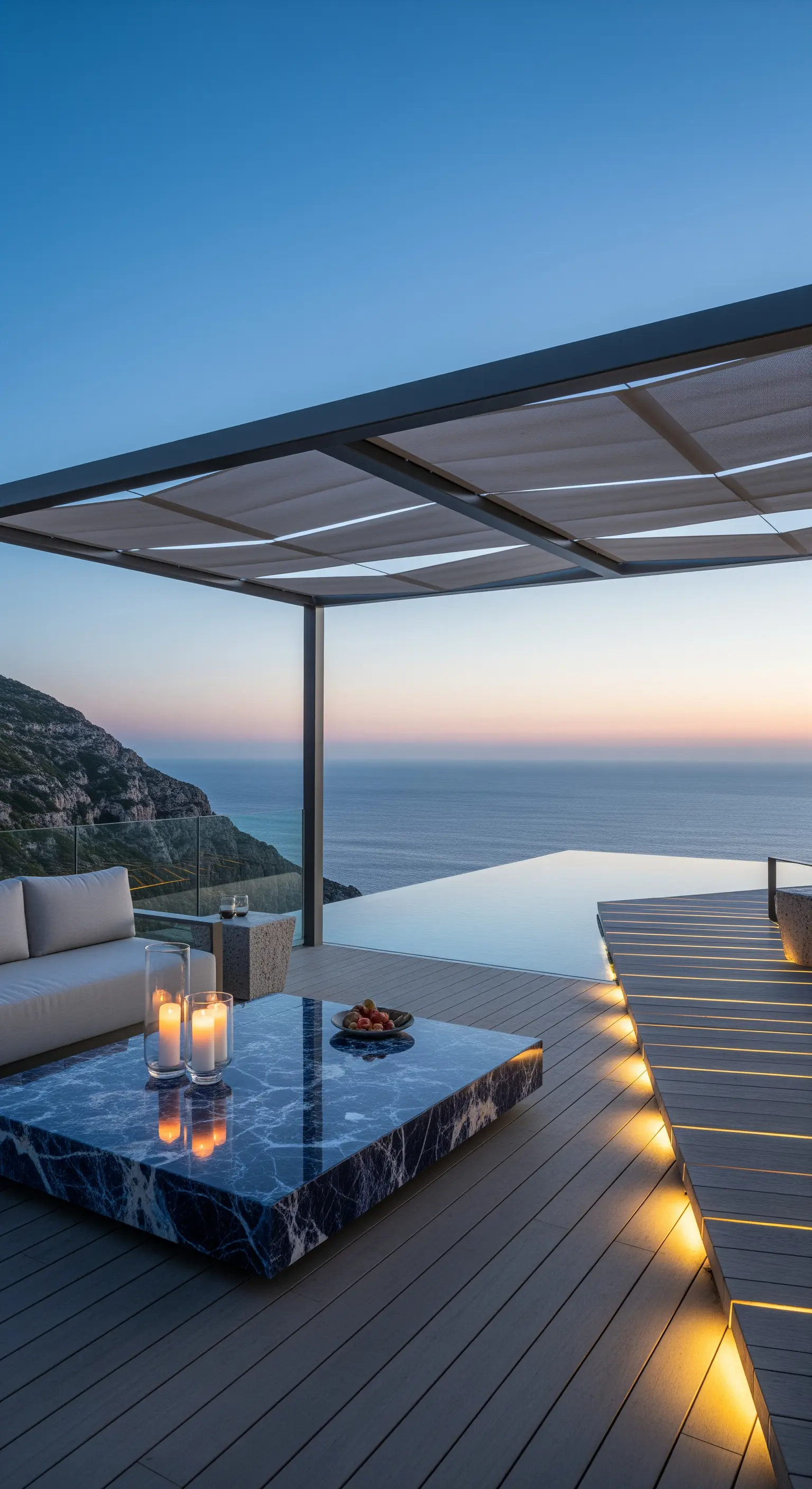 Terrazza moderna a picco sul mare con piscina a sfioro, pergola e tavolino in marmo blu.