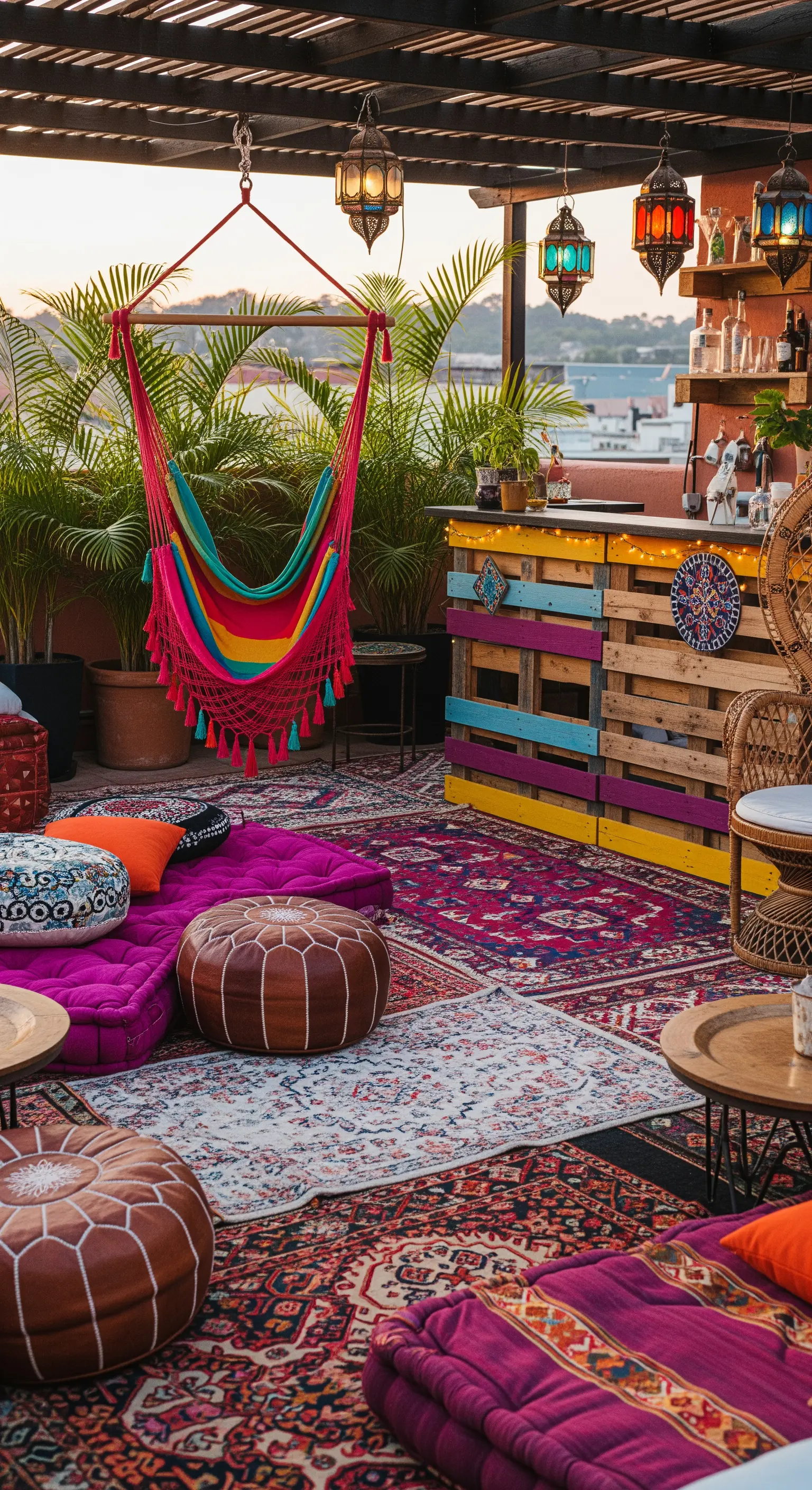 Terrazza bohémien con tappeti colorati, cuscini a terra, bar in pallet e lanterne sospese.
