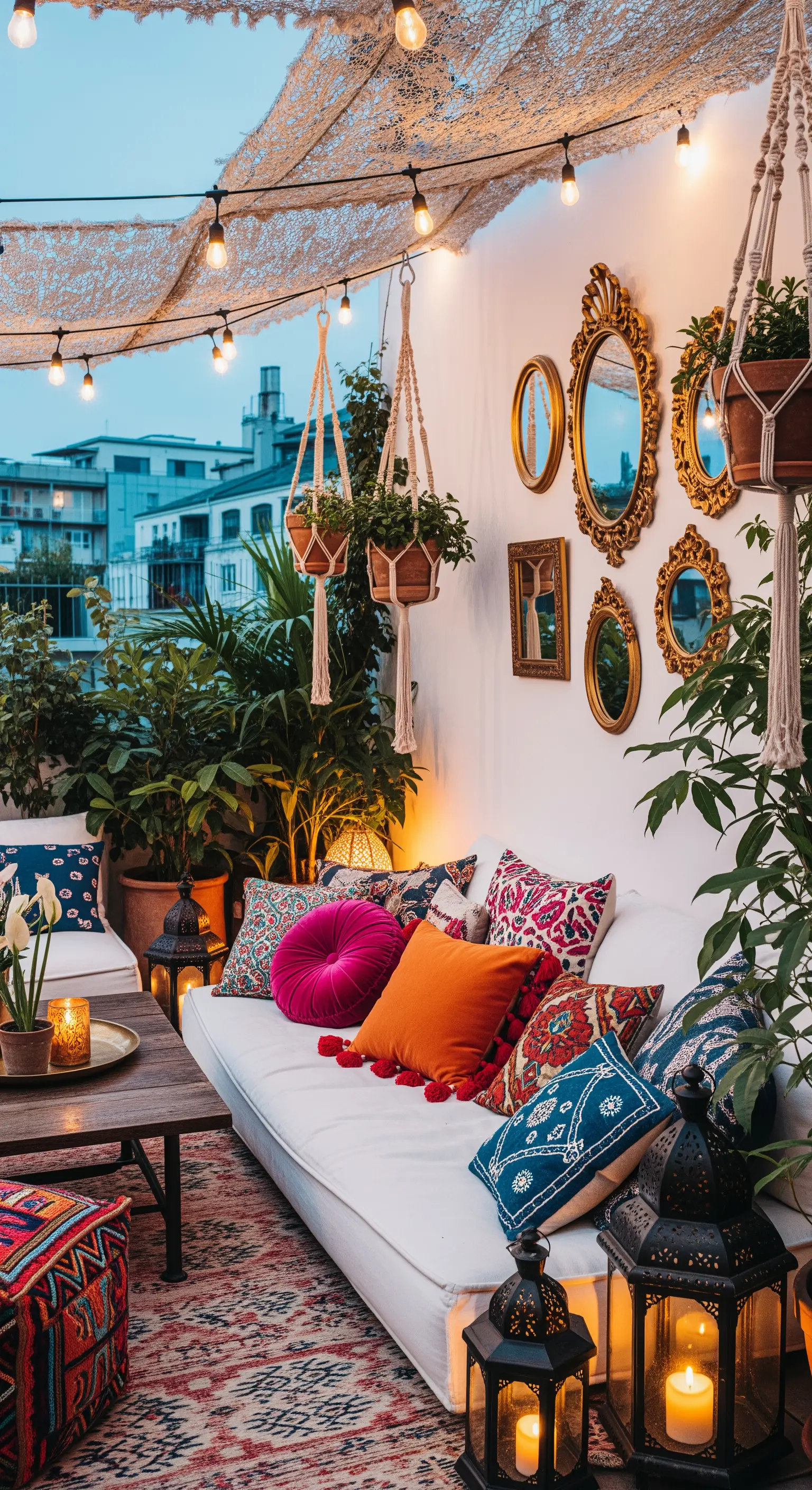 Terrazza bohémien con divano bianco, cuscini etnici e una parete decorata con tanti specchi vintage.