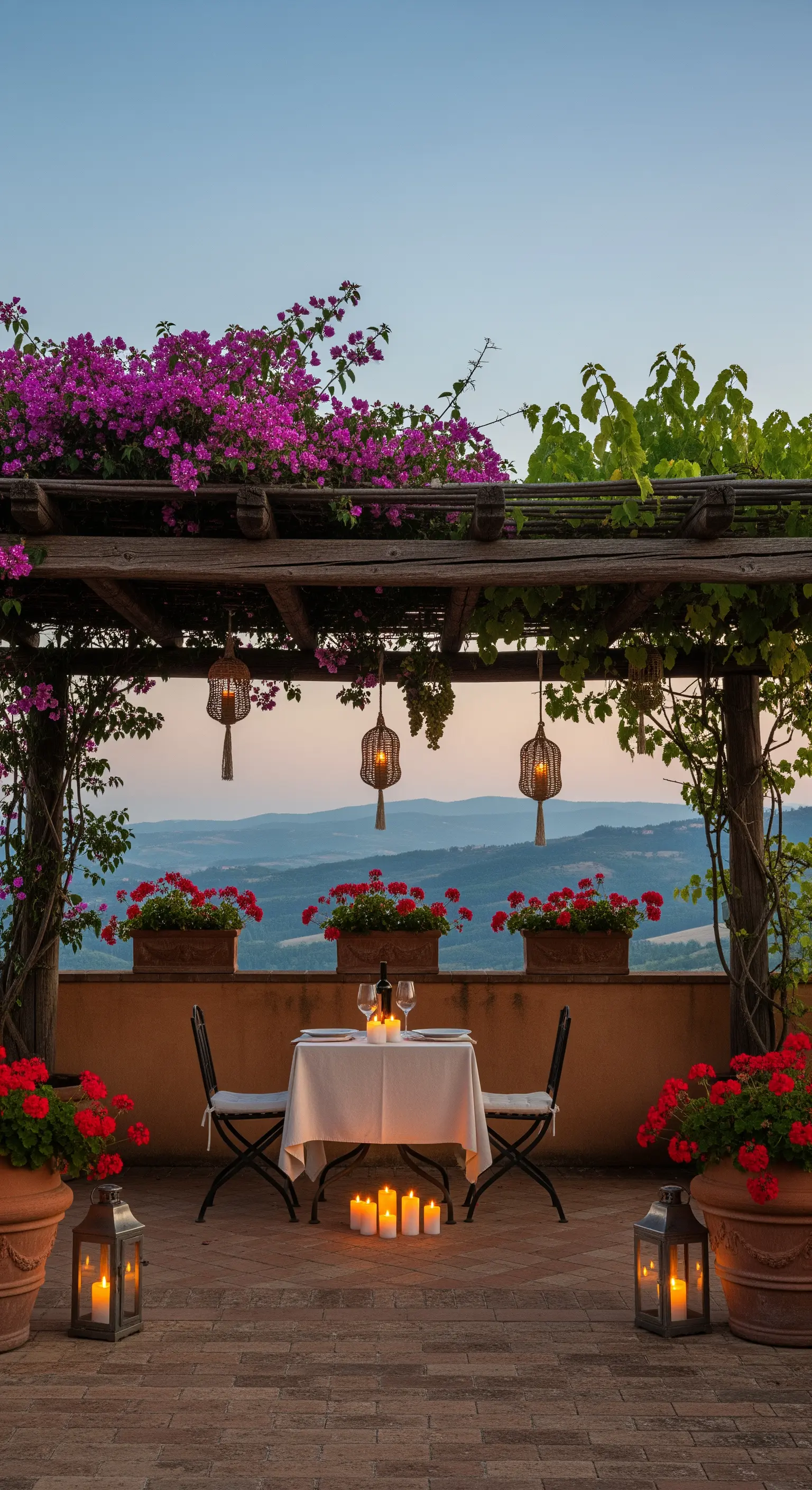 Tavolo per due sotto un pergolato fiorito, con lanterne e vista panoramica sulle colline.