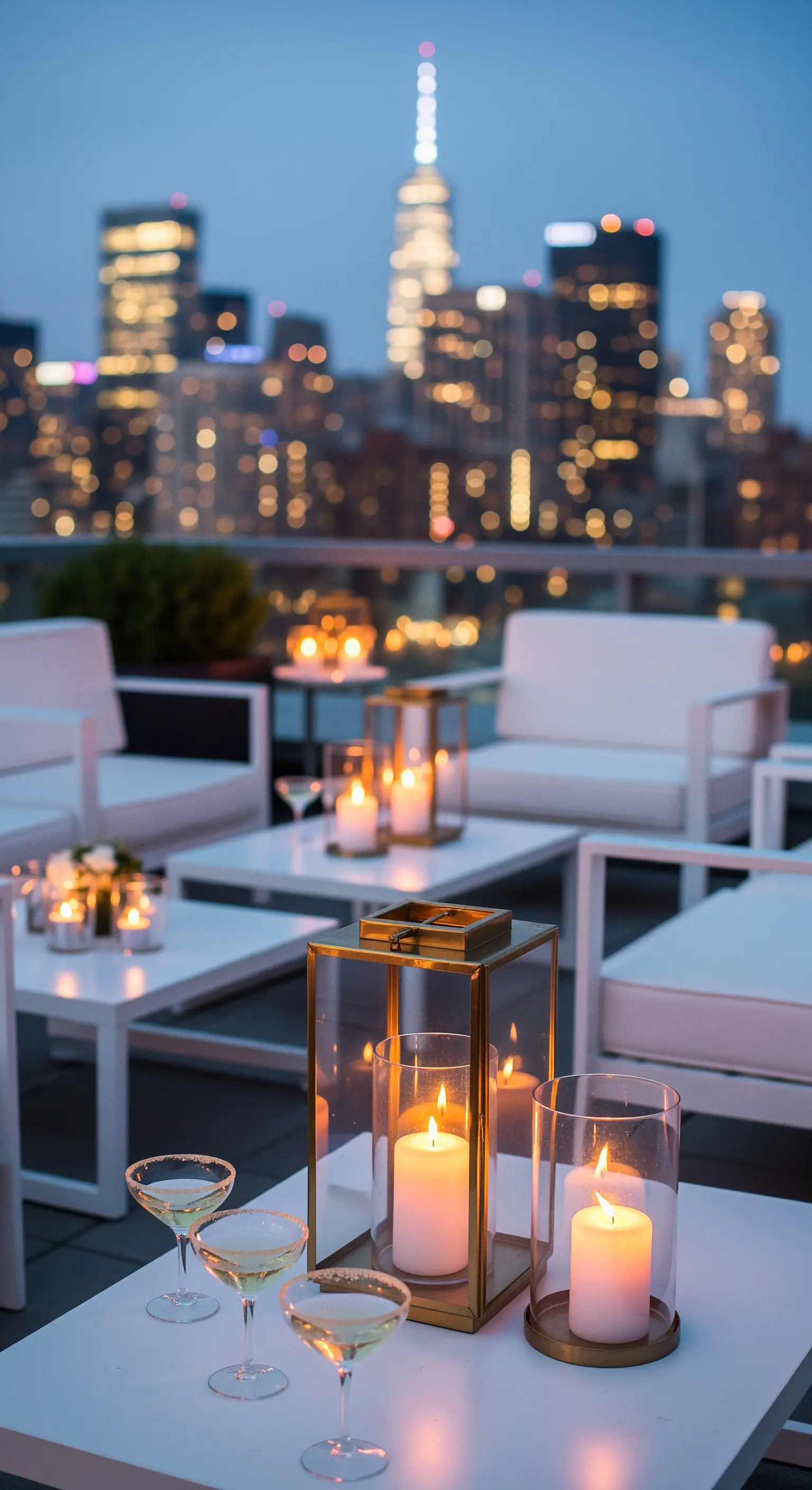 Lanterne dorate con candele su un tavolino bianco in una terrazza con vista sullo skyline.