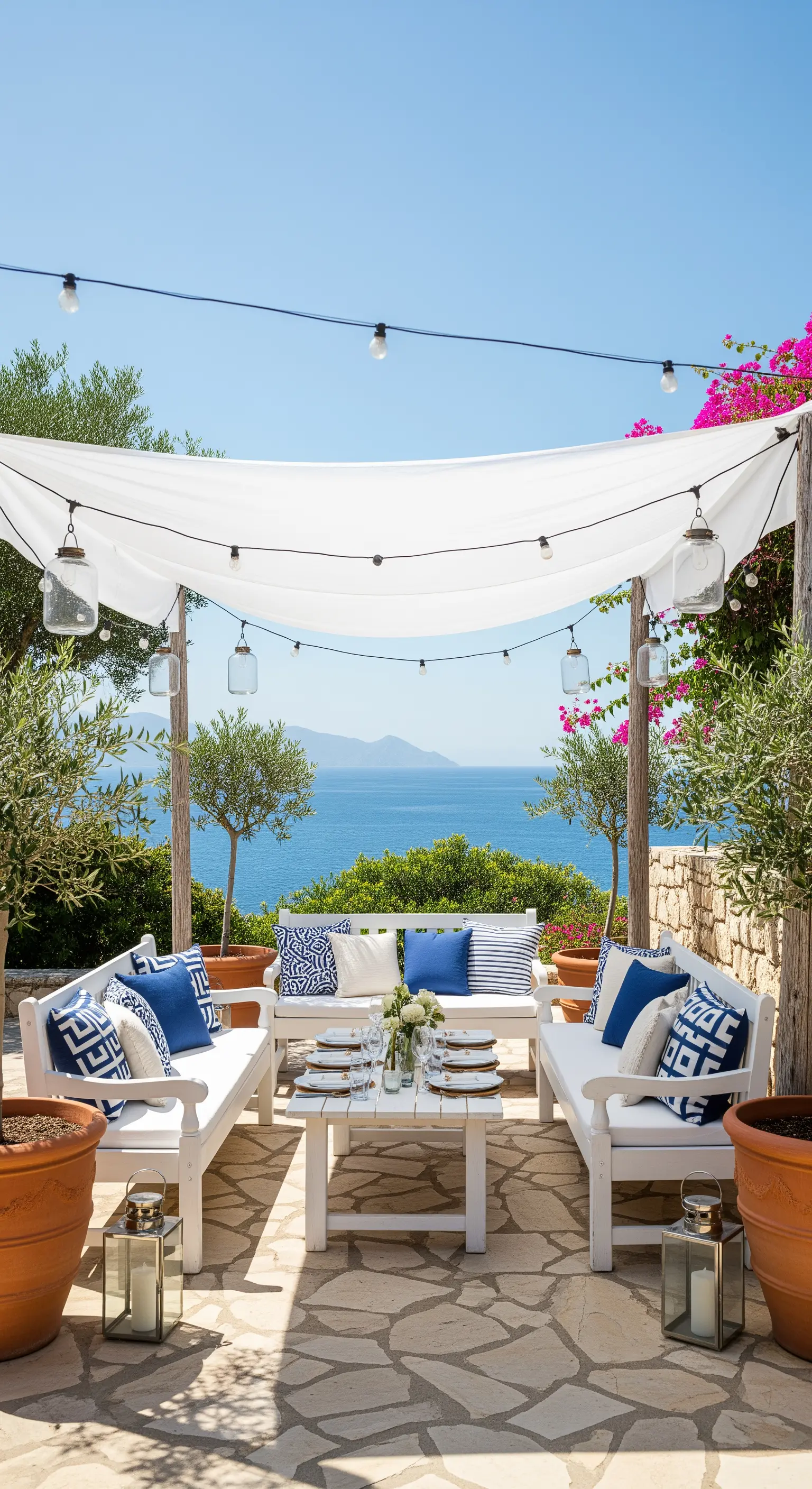 Terrazza con vista mare allestita in stile greco, con arredi bianchi e cuscini blu.