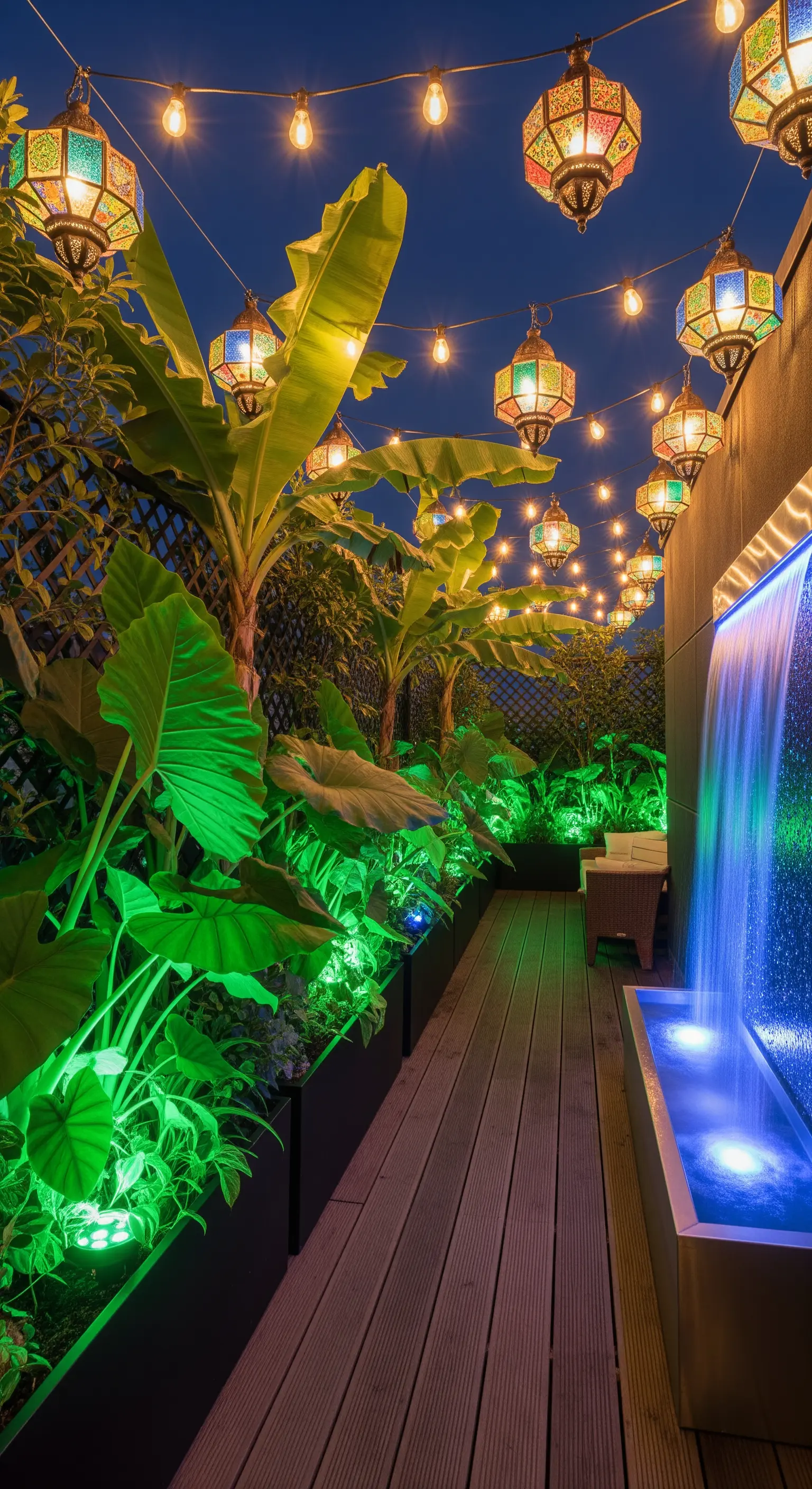 Terrazza stretta con piante di banano, lanterne marocchine sospese e una cascata a parete a LED.