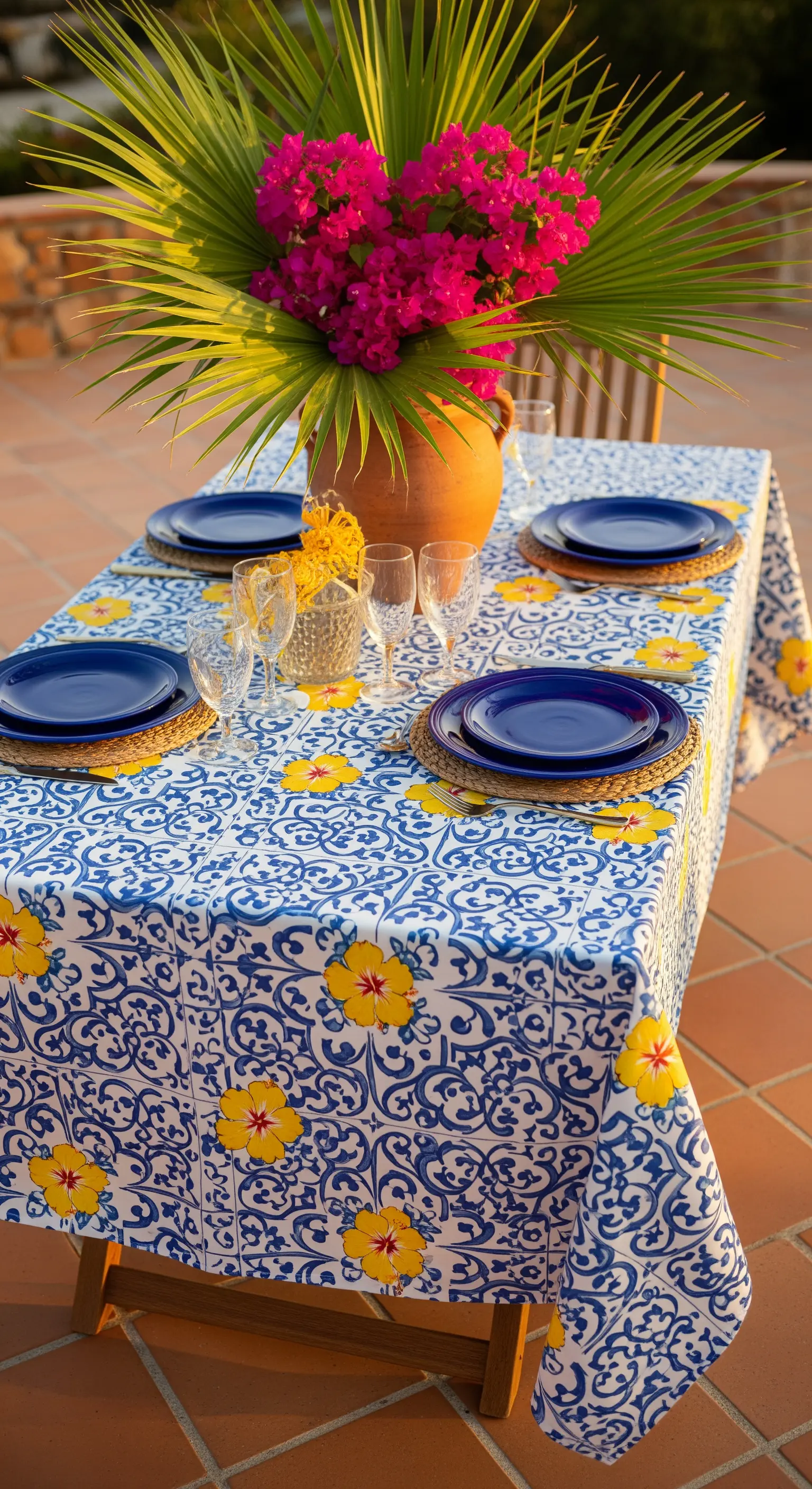 Tavola in stile mediterraneo con tovaglia a maioliche blu e fiori di bouganville.