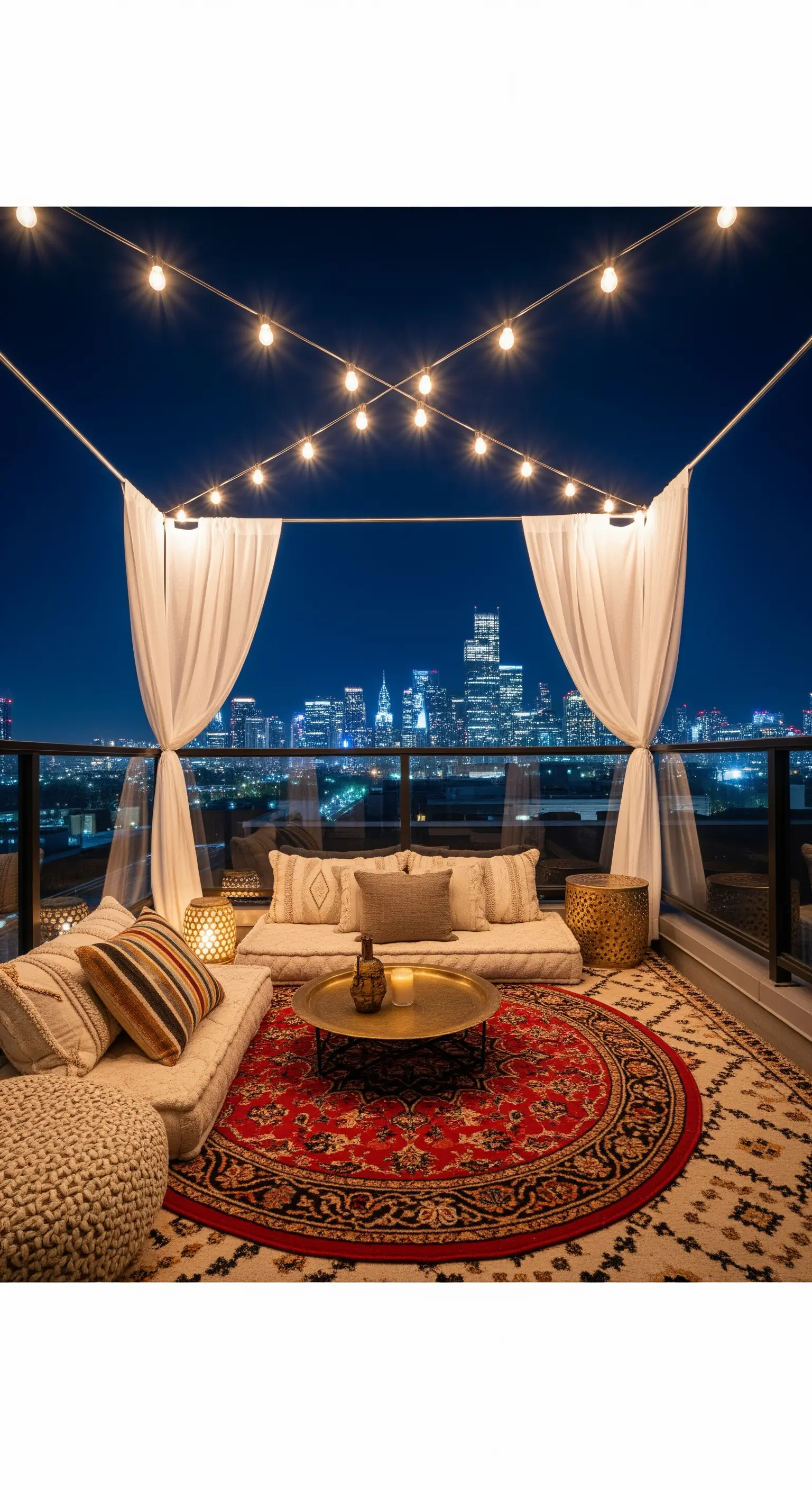 Terrazza panoramica con sedute basse, tappeti etnici e tende bianche a baldacchino.
