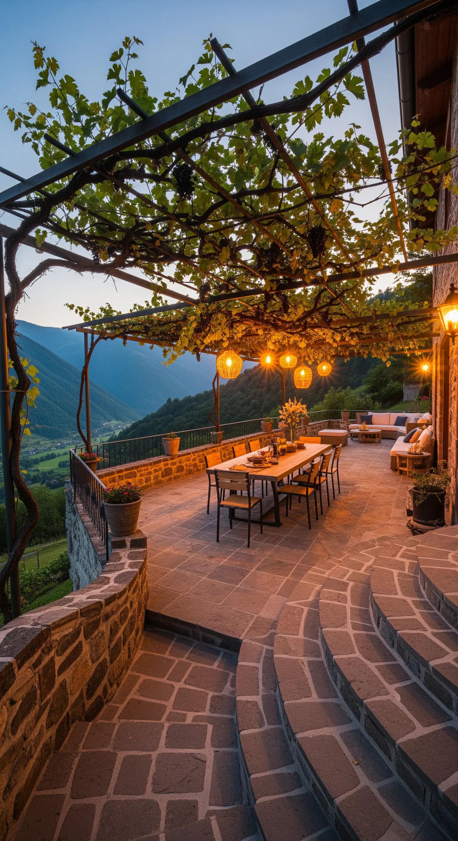 Ampia terrazza panoramica al tramonto con zona pranzo e area lounge