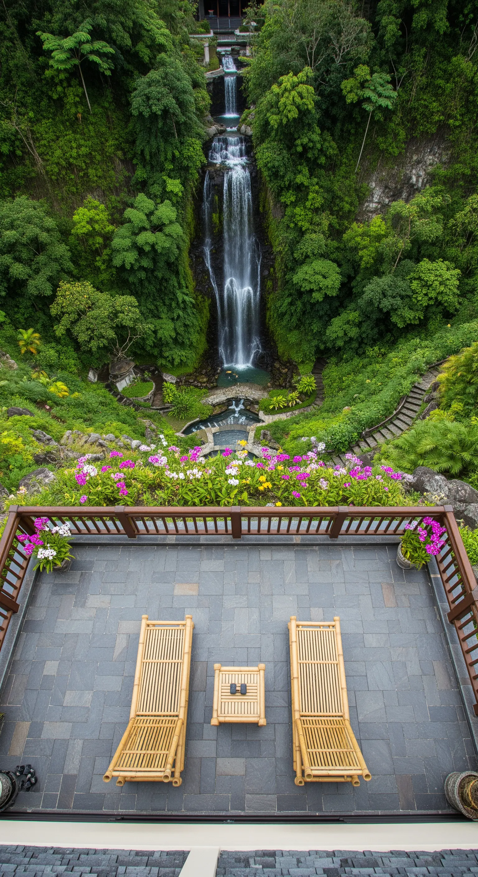 Terrazza in ardesia con lettini in bambù affacciata su un'immensa cascata naturale.