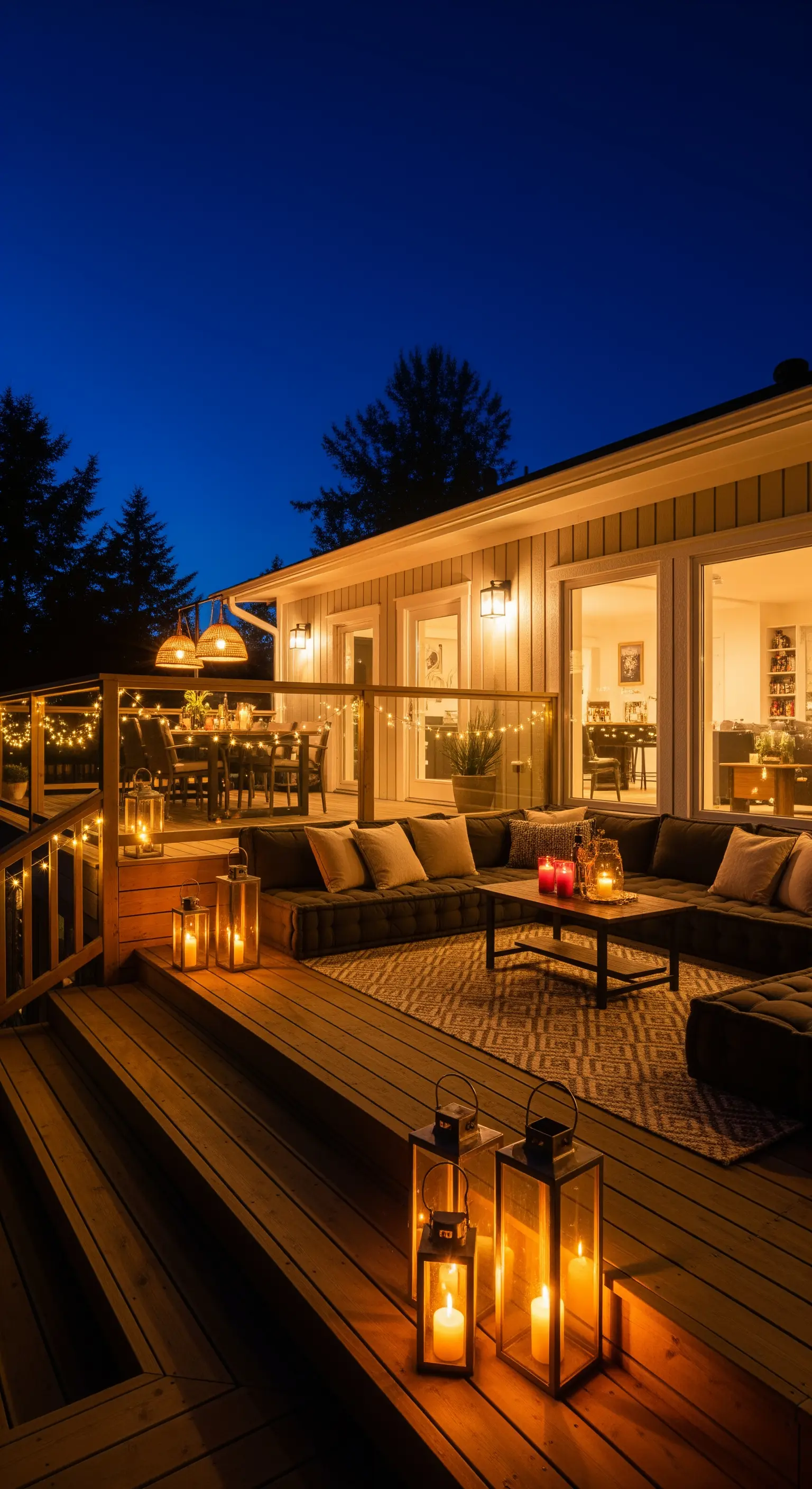 Terrazza in legno su più livelli illuminata da lanterne, candele e fili di luci.